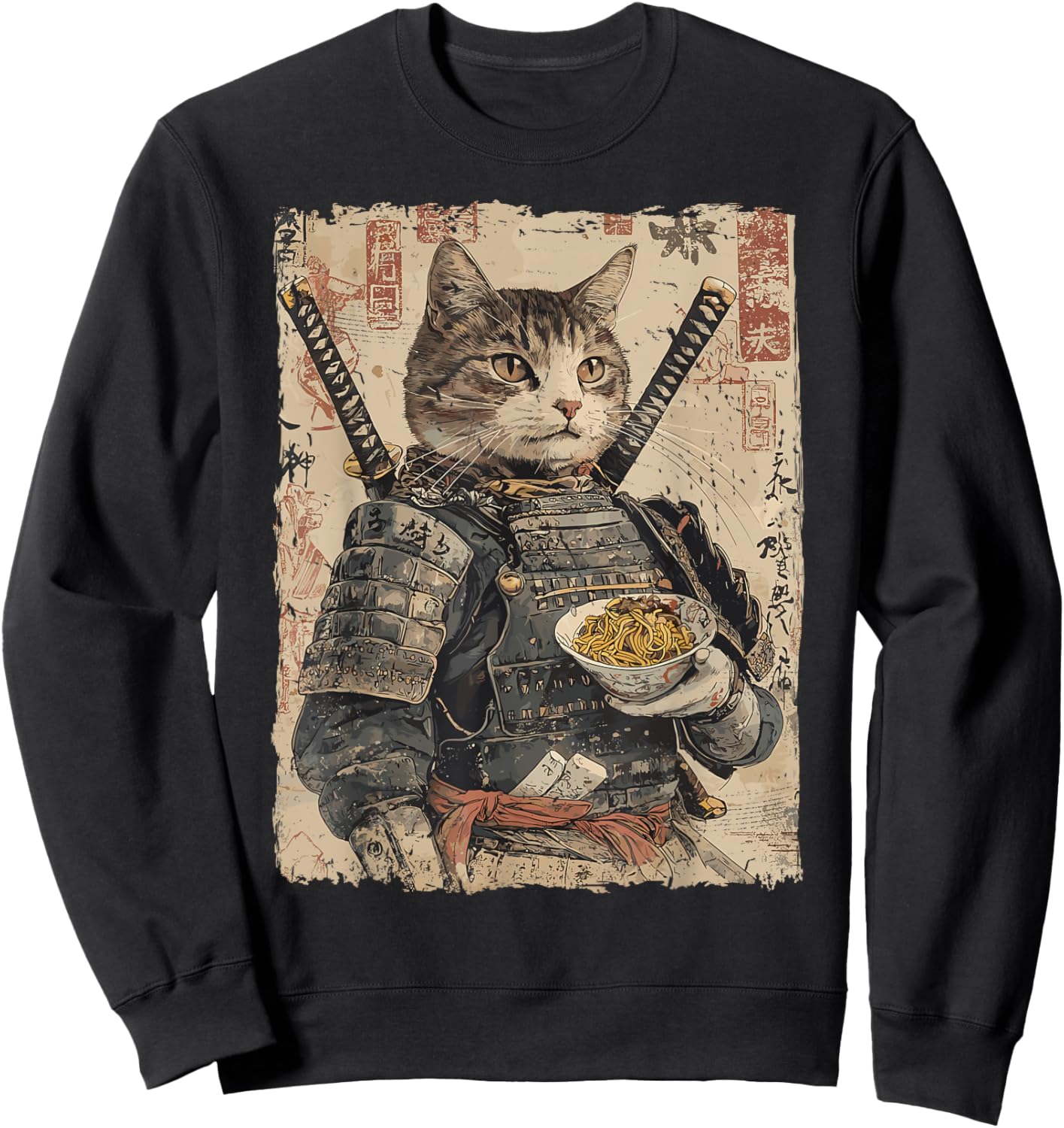 Samurai Cat Loves Ramen Funny Anime Japanese Artwork Samurai Sweatshirt - Sweatshirt | Black