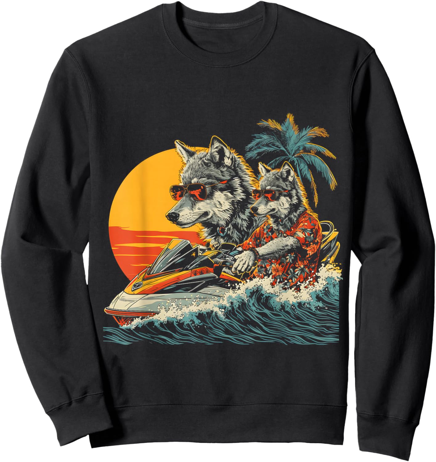 Wolf Driving Jet Ski Wear Hawaiian And Sunglass Sport Sweatshirt - Sweatshirt | Black