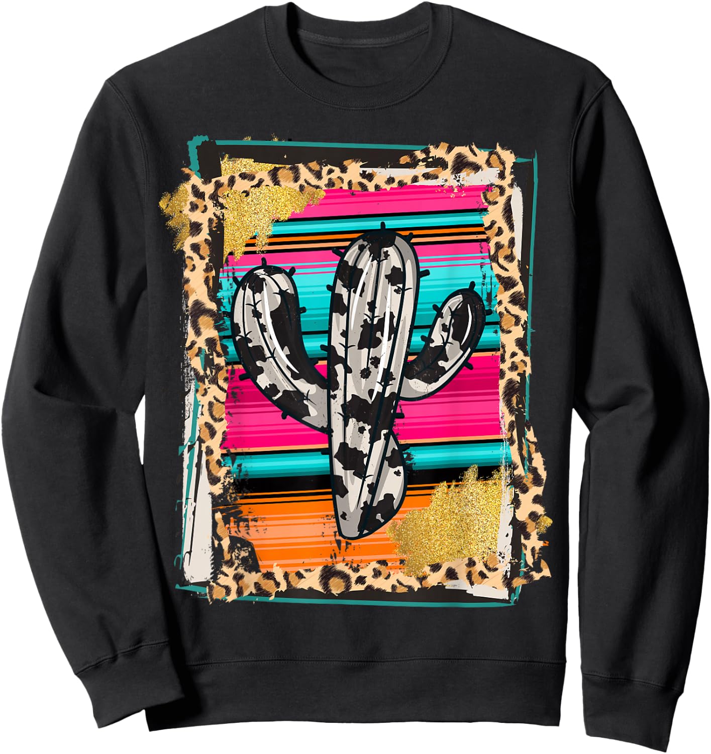 SERAPE CACTUS - Leopard Cow Pattern Print Cowgirl Rodeo Sweatshirt - Sweatshirt | Black