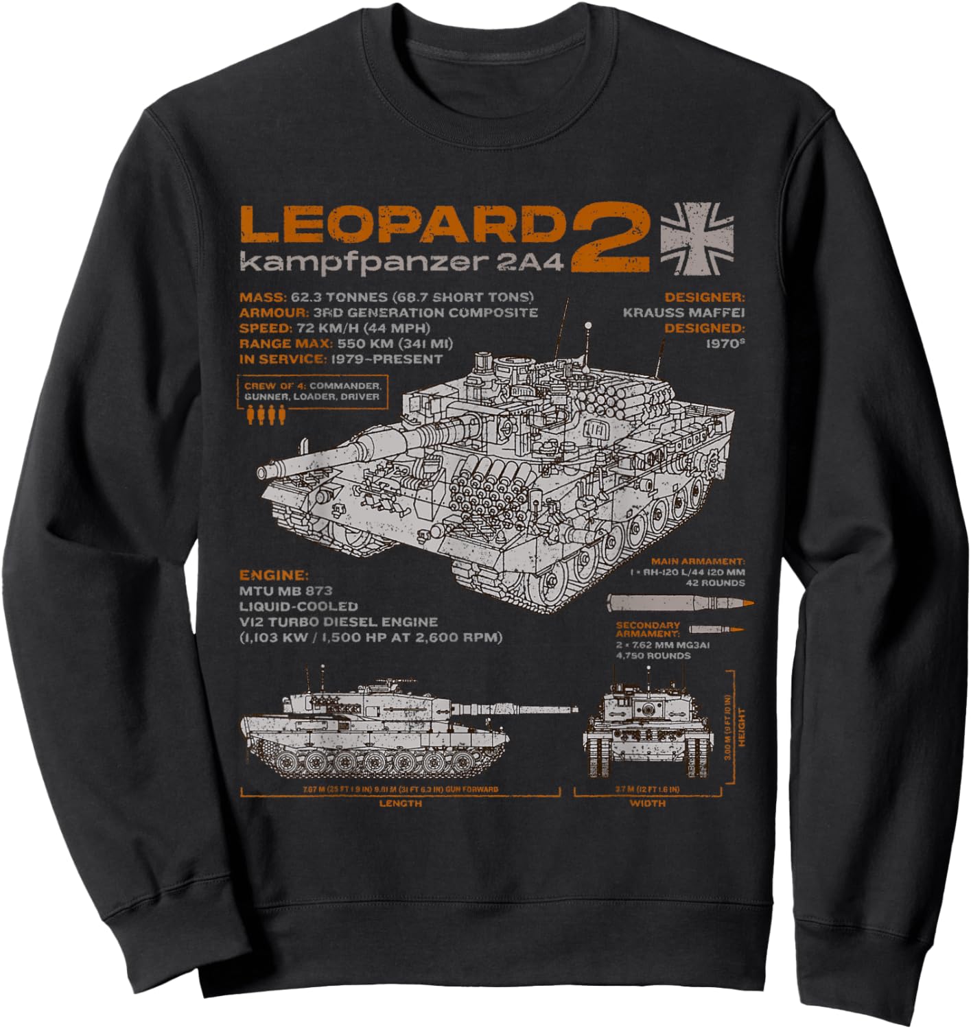 Leopard 2 2A4 Tank Armored Vehicle Blueprint Drawing Sweatshirt - Sweatshirt | Black