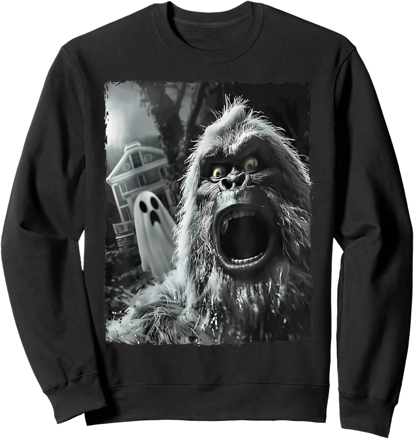 Bigfoot Sasquatch Selfie with Ghost Halloween Haunted House Sweatshirt - Sweatshirt | Black