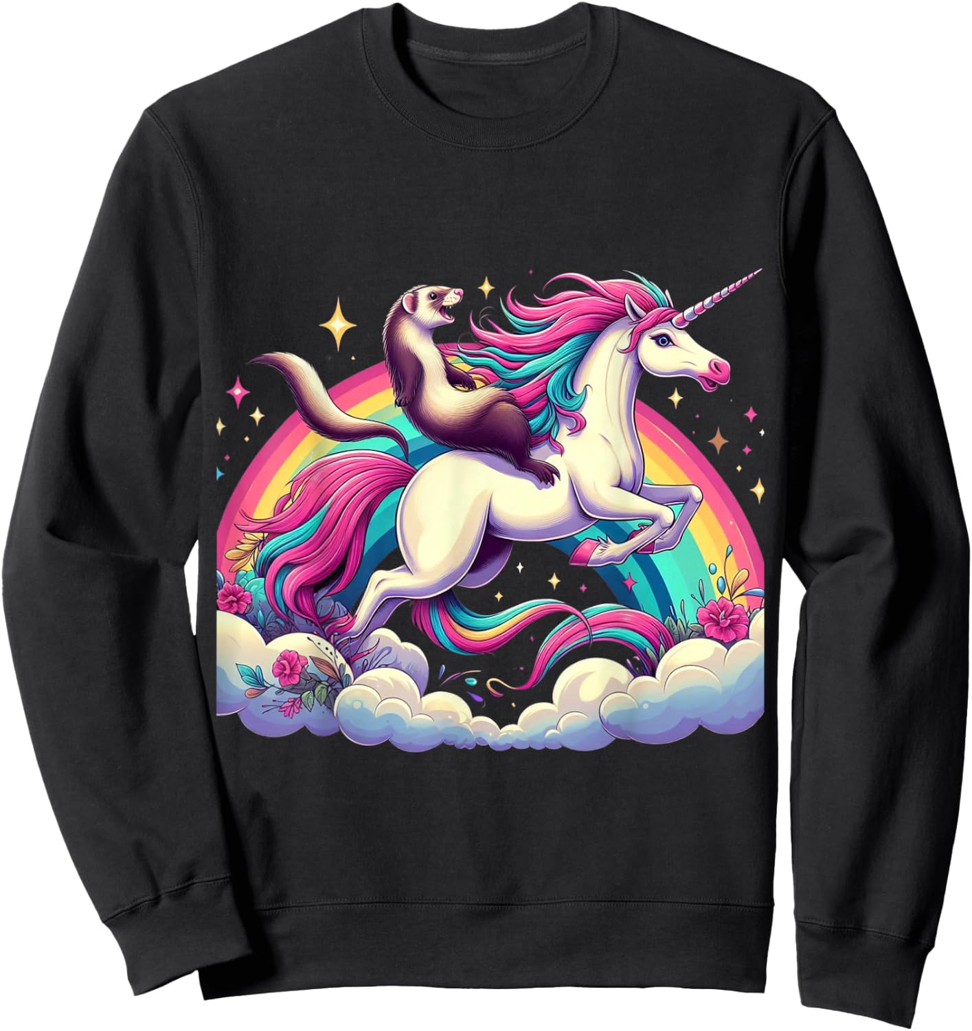 Ferret Riding Unicorn Boys Girls Men Women Kids Rainbow Sweatshirt - Sweatshirt | Black