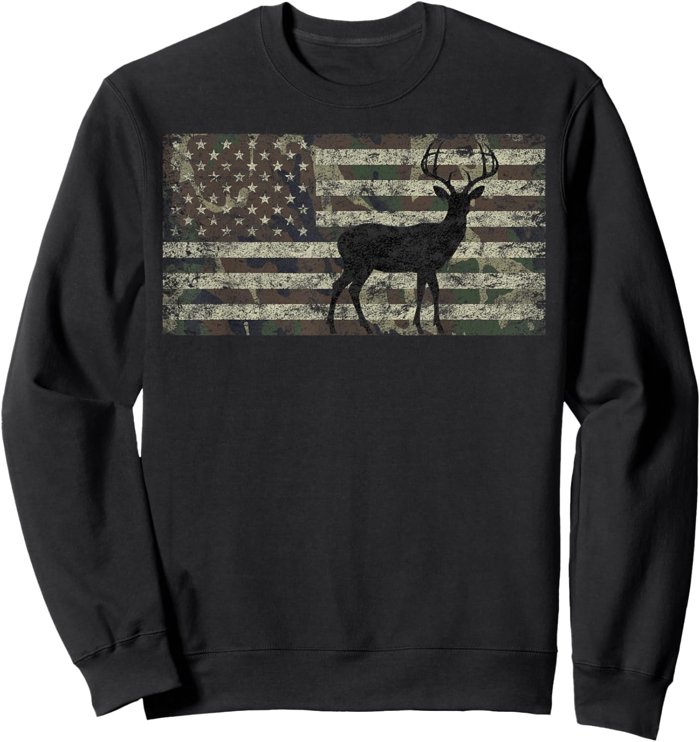 Deer Hunting Camo American Flag Buck Standing Hunter Country Sweatshirt - Sweatshirt | Black