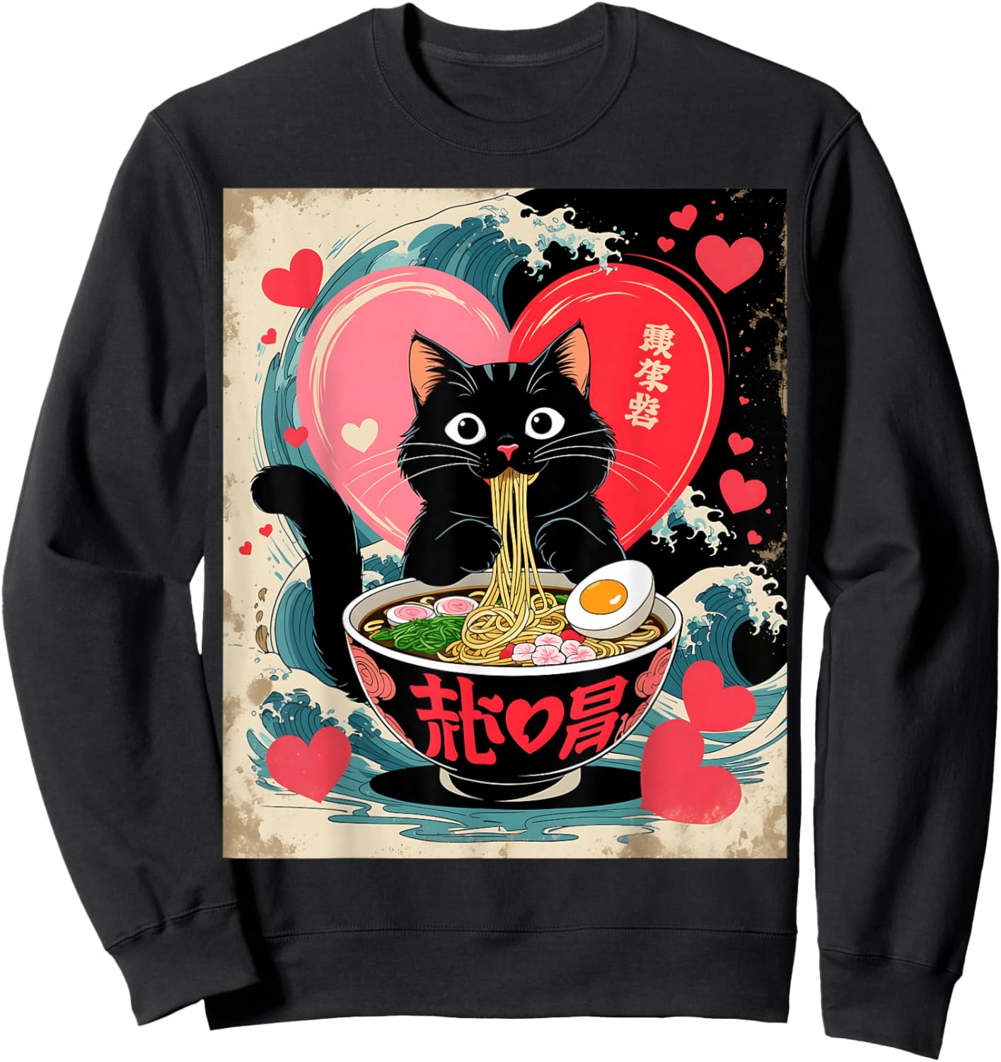 Kawaii Anime Cat Ramen Japanese Graphic Men Women Teens Sweatshirt - Sweatshirt | Black