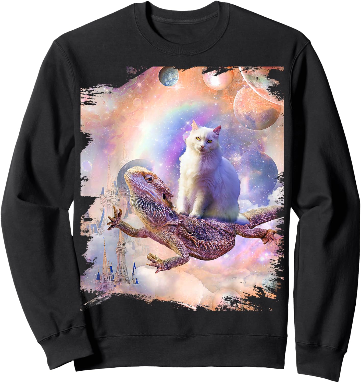 Space Cat Riding Bearded Dragon Lizard Sweatshirt - Sweatshirt | Black