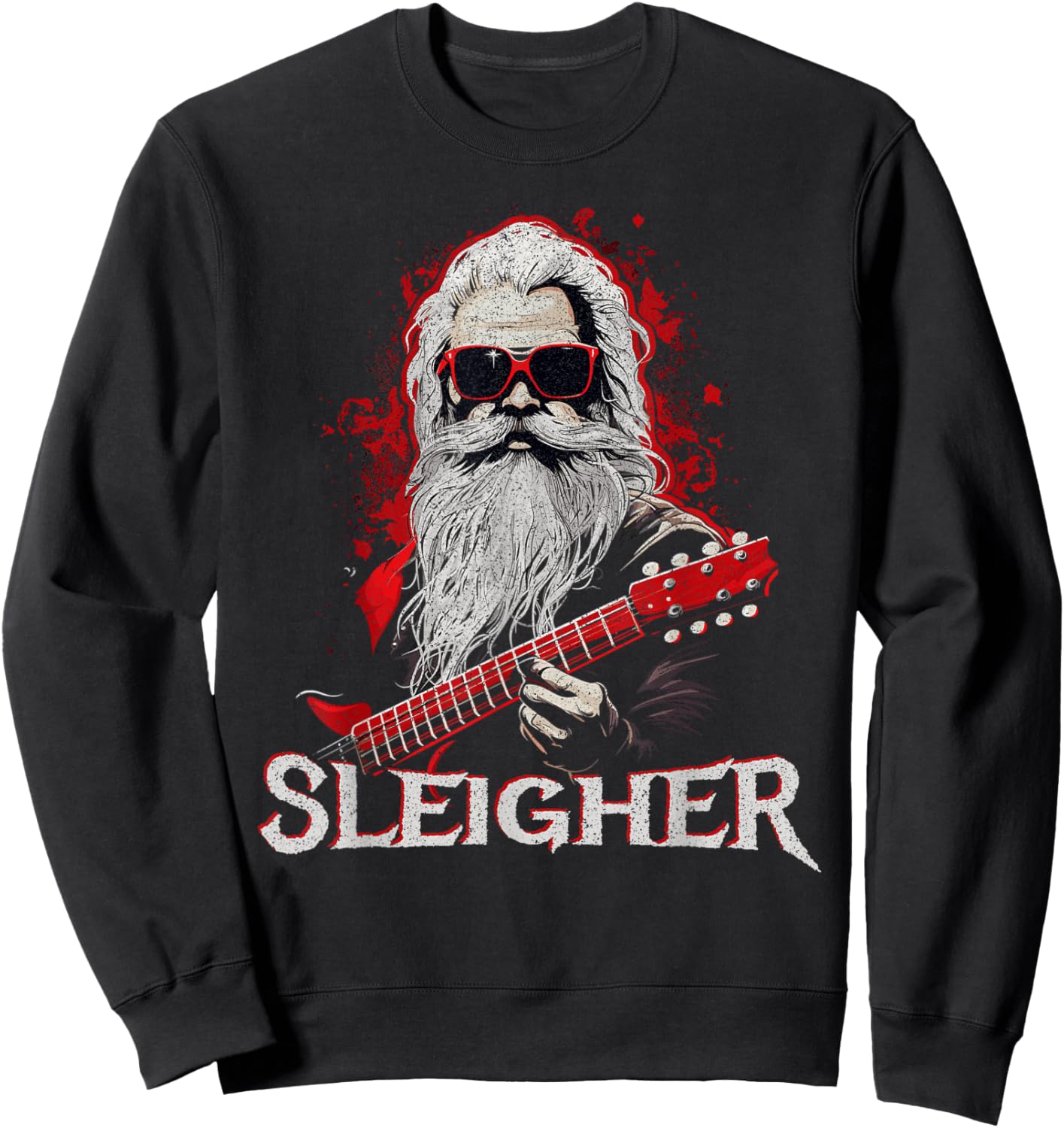 Funny Christmas Rocker Band Santa Playing Guitar Sleigher Sweatshirt - Sweatshirt | Black