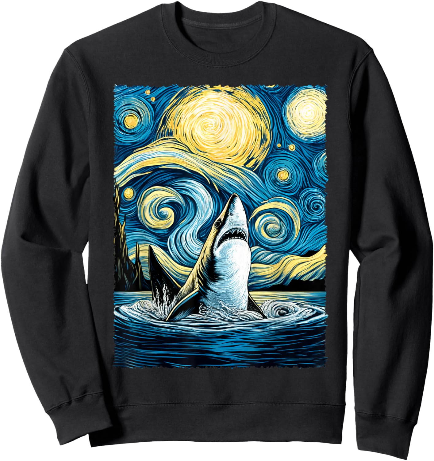 Graphic Art Shark Starry Night Drawing Artwork Cute Shark Sweatshirt - Sweatshirt | Black