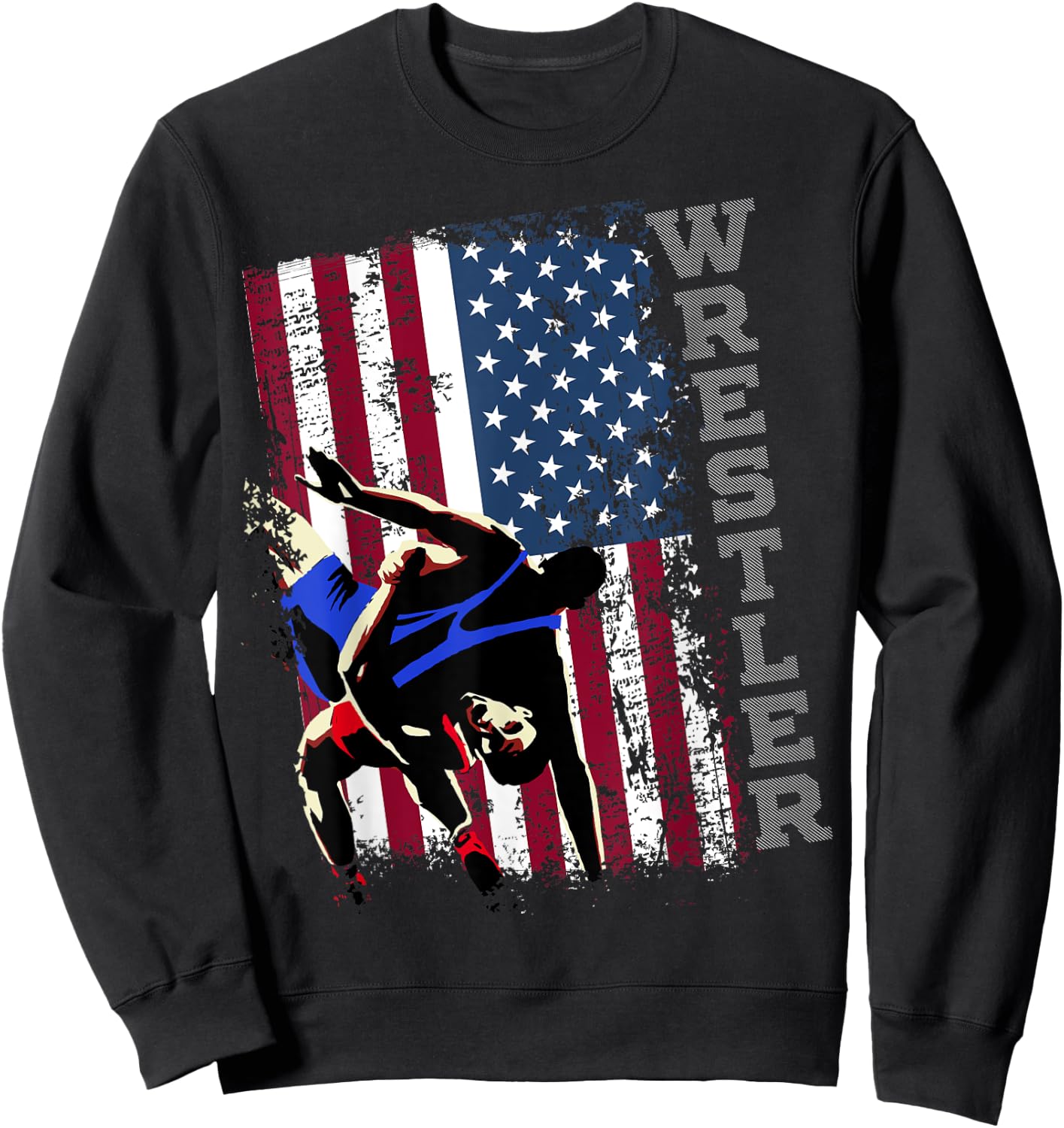 Distressed Look Wrestling American Flag Gift Men Sweatshirt - Sweatshirt | Black