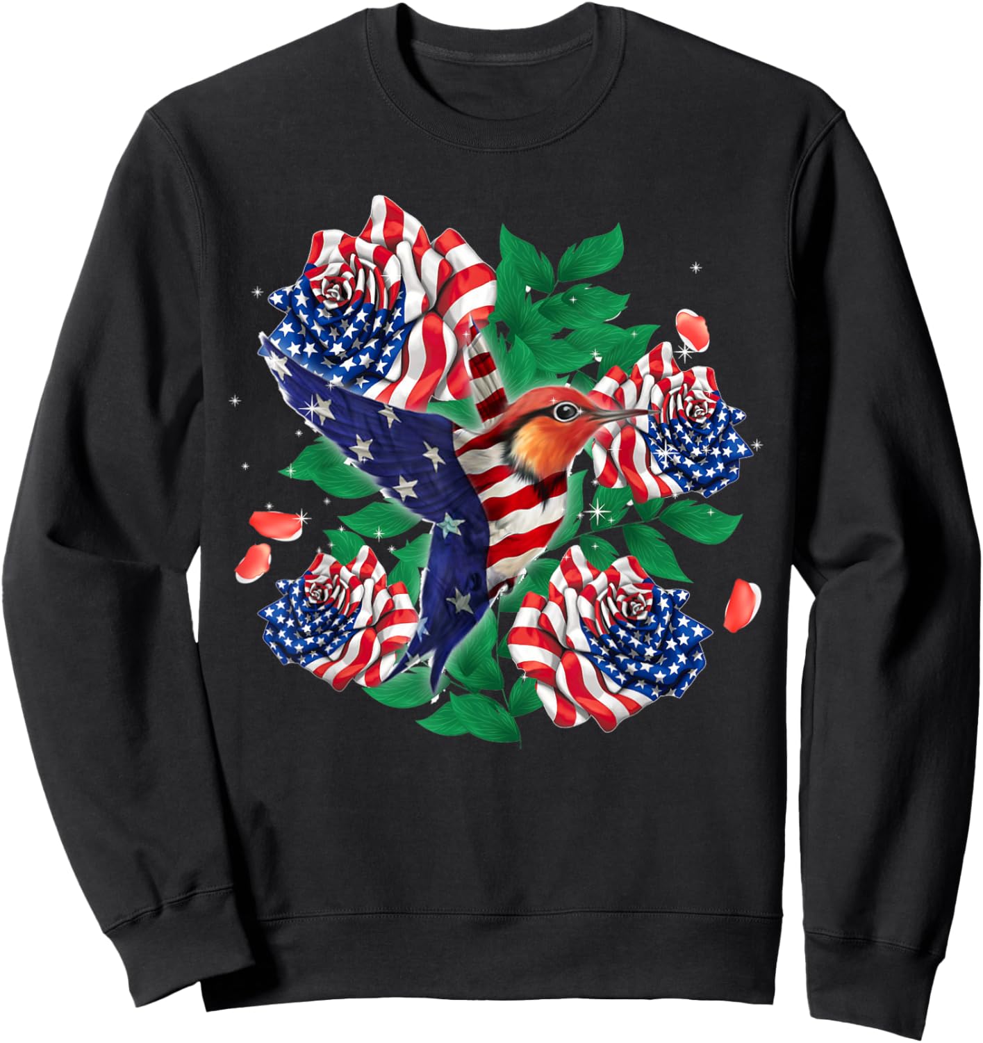 Hummingbird and Rose American Flag Patriotic 4th Of July Men Sweatshirt - Sweatshirt | Black