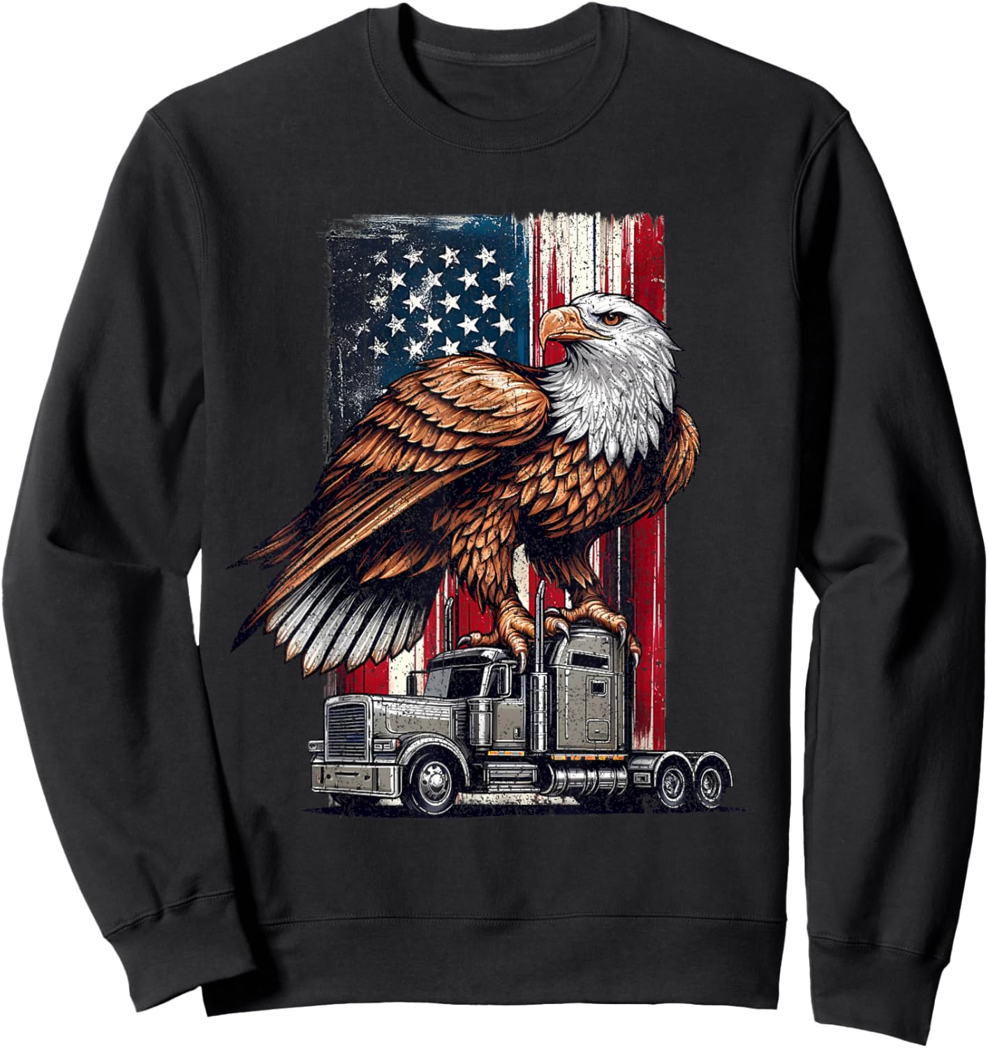 Vintage Trucking Trucker American Flag Patriotic Eagle Sweatshirt - Sweatshirt | Black