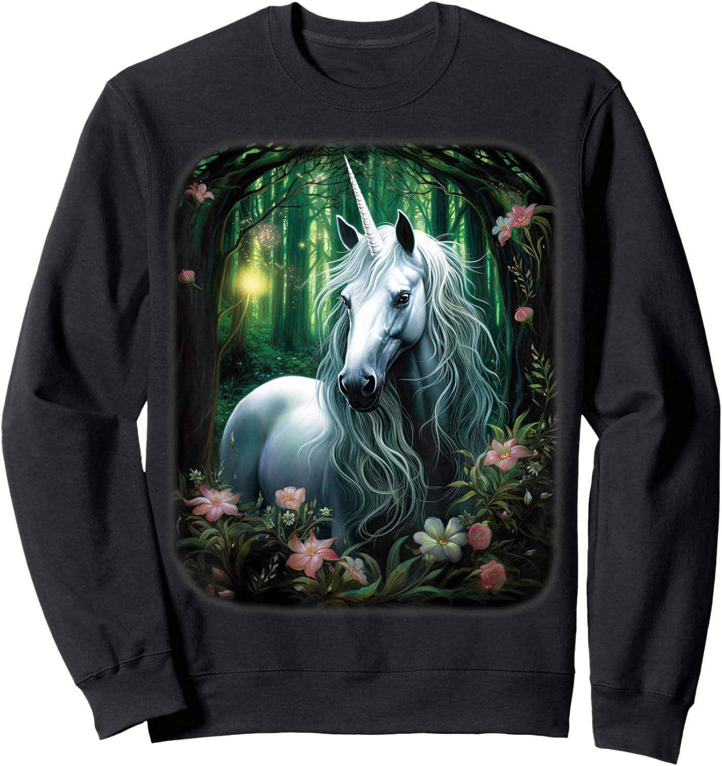 Fantasy white Unicorn standing in green Forest Sweatshirt - Sweatshirt | Black