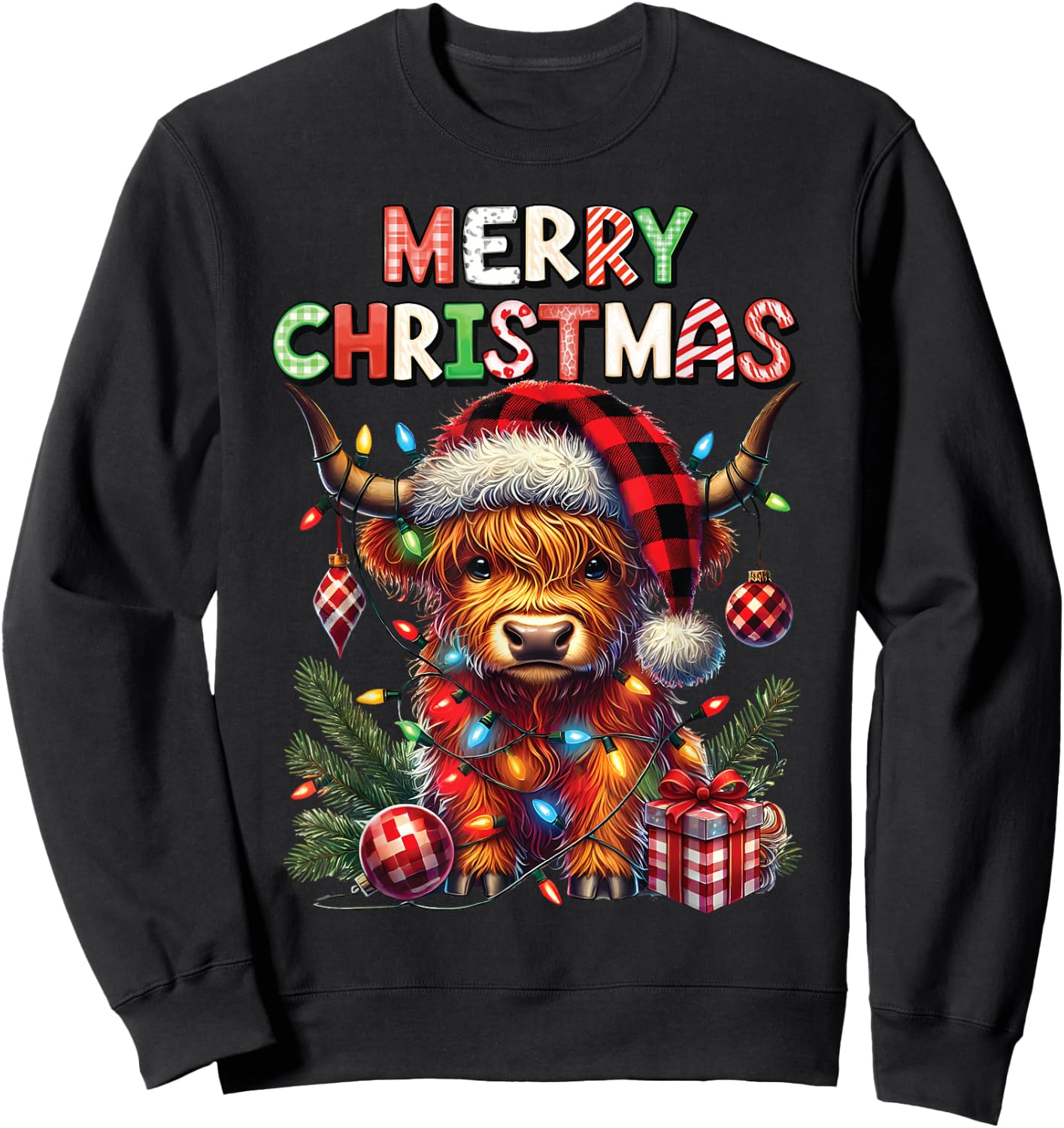 Merry Christmas Scottish Highland Cow Xmas Farm Animal Lover Sweatshirt - Sweatshirt | Black