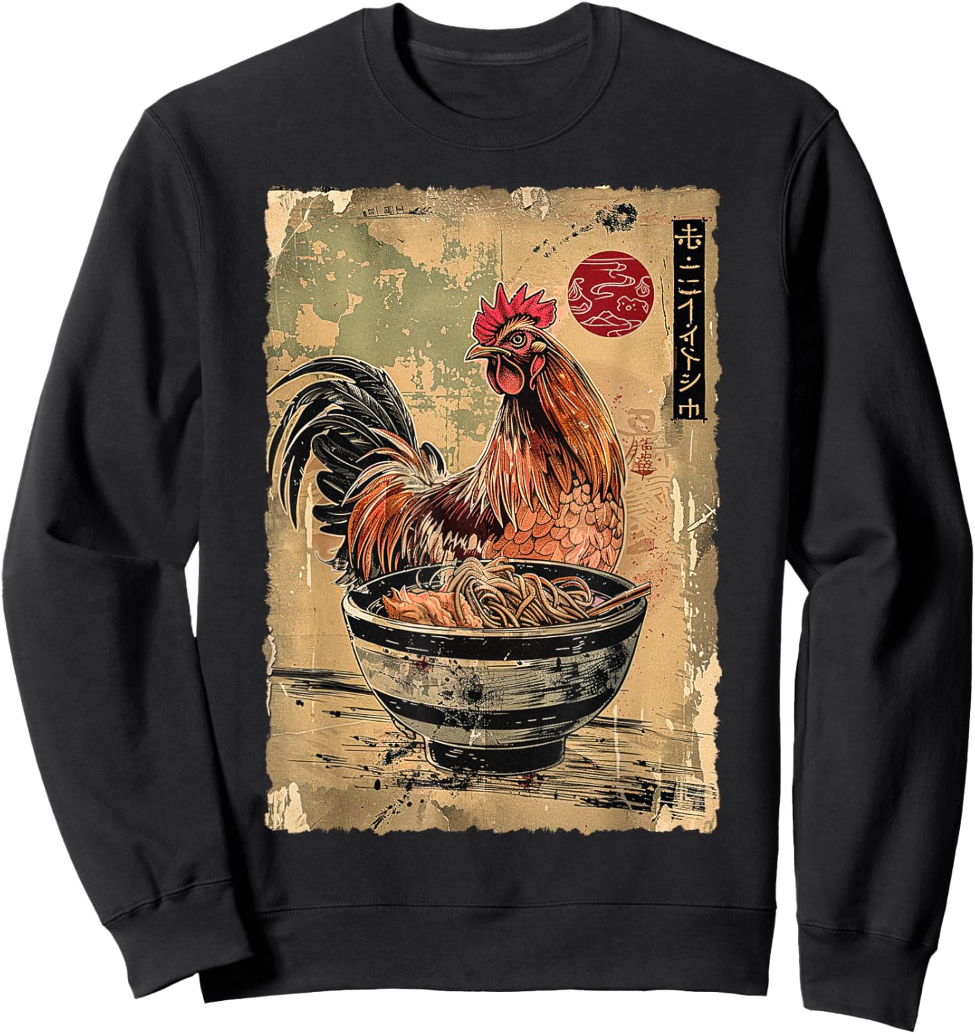 Chicken Eating Ramen Noodles Japanese Woodblock Ukiyoe Art Sweatshirt - Sweatshirt | Black
