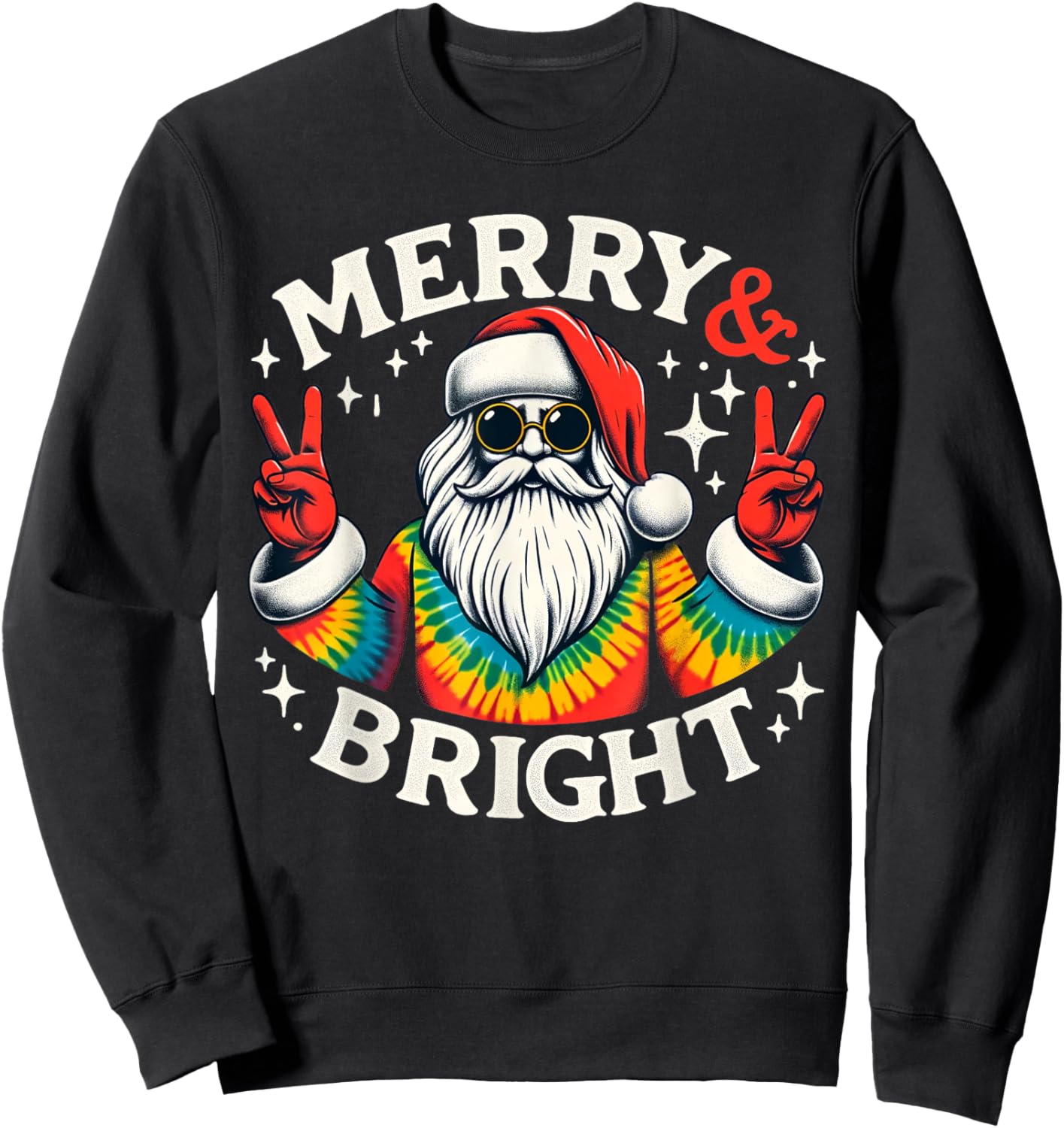 Vintage Retro Merry And Bright Hippie Santa Peace Christmas Sweatshirt - Sweatshirt | Black
