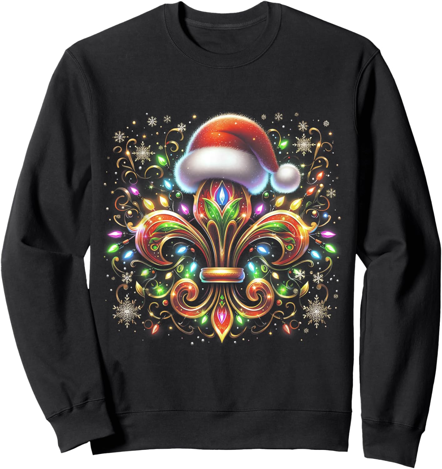 Fleur De-Lis Christmas Ornament with Santa Hat Xmas Lights Sweatshirt - Sweatshirt | Black
