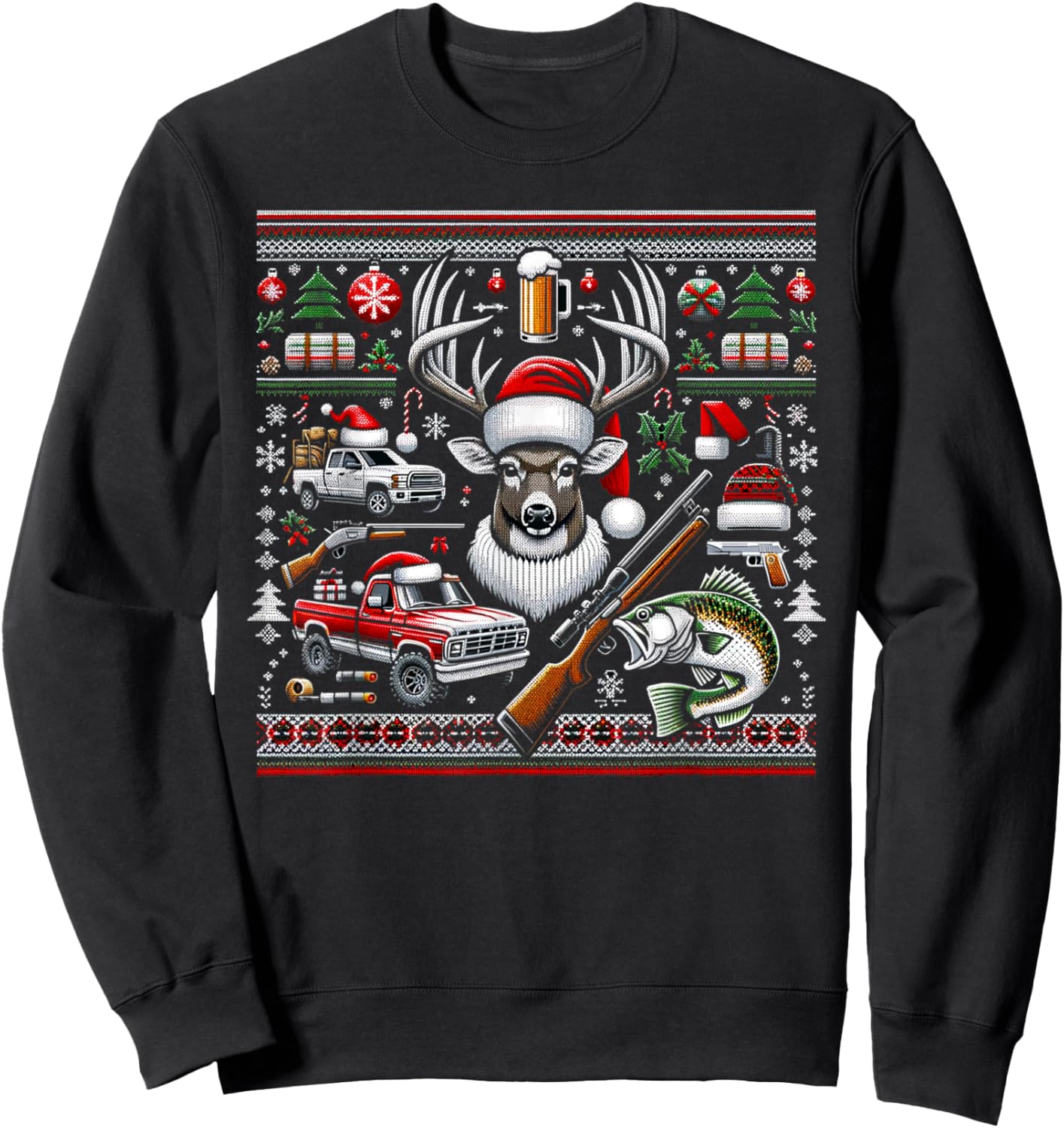 Deer Hunting Bass Fishing Redneck Ugly Christmas Sweatshirt - Sweatshirt | Black