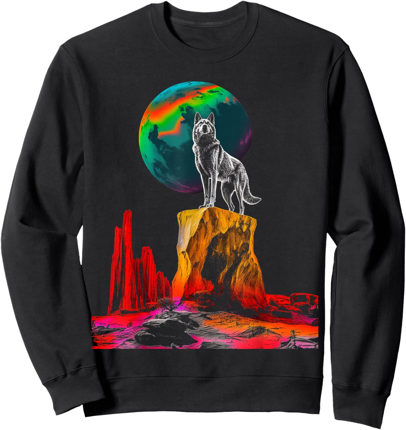 Wolf Moon Colorful Animal Nature Stones Art Wolf Sweatshirt - Sweatshirt | Black