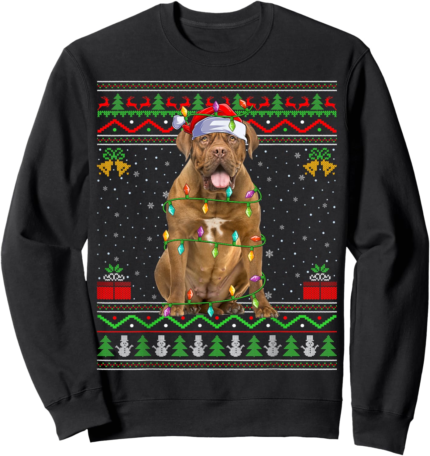 Dogue De Bordeaux Dog Christmas Lights Santa Ugly Xmas Men Women Kids Sweatshirt - Sweatshirt | Black