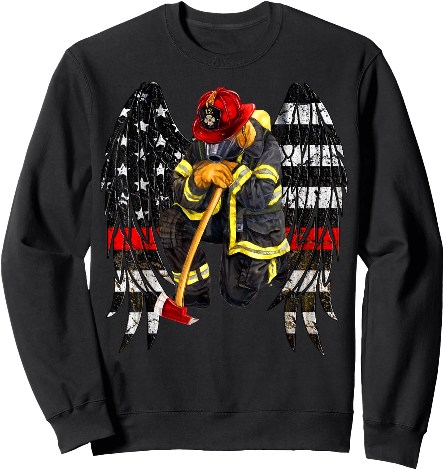 Firefighters Flag Angel Wings Gift Kneel firefighter prayer Sweatshirt - Sweatshirt | Black