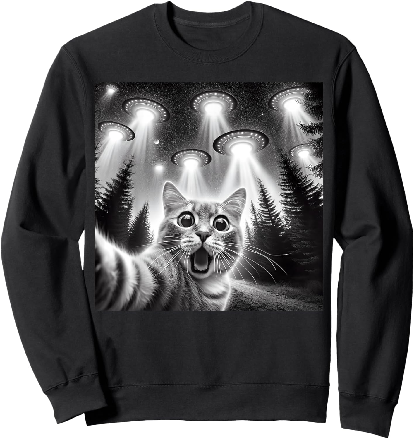 Cat Selfie With Alien UFO Funny Cat Gifts Women Kids Sweatshirt - Sweatshirt | Black