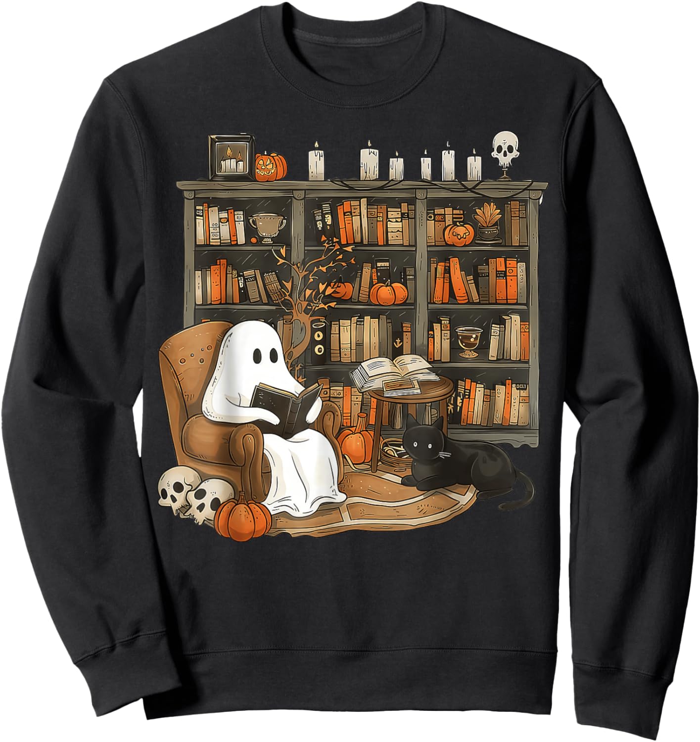 Retro Ghost Reading Books cat, Librarian Ghost Halloween Sweatshirt - Sweatshirt | Black