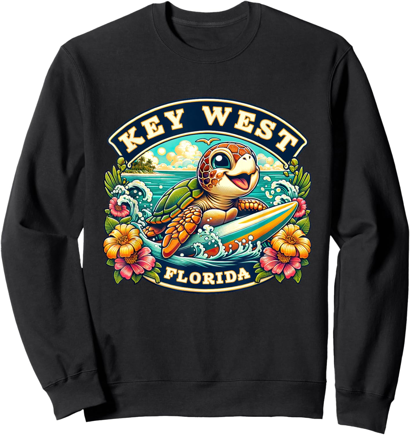 Key West Florida Cute Sea Turtle Surfing Sweatshirt - Sweatshirt | Black