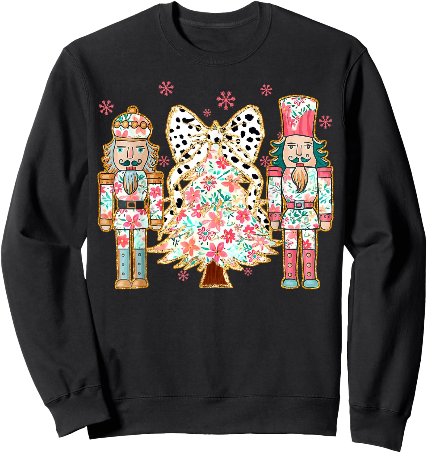 Colorful Coquette Bow Floral Nutcracker Christmas Tree Girly Sweatshirt - Sweatshirt | Black