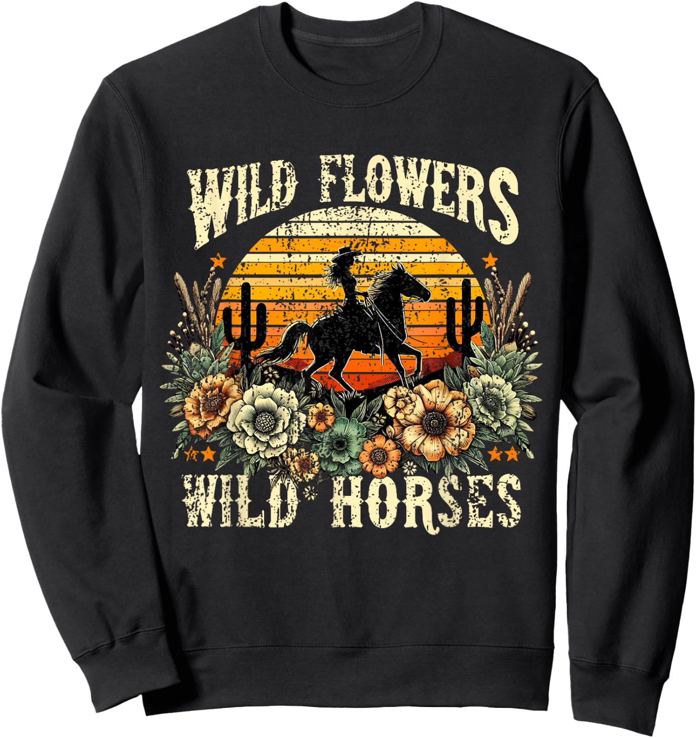 Retro Cowgirl Wild Flowers - Wild Horses Vintage Style Sweatshirt - Sweatshirt | Black
