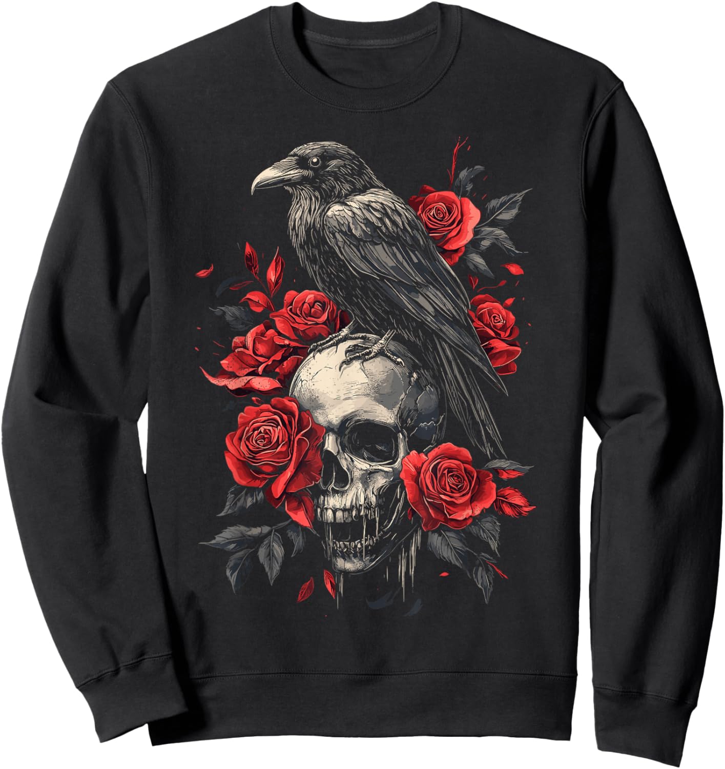Raven Crow Y2K Grunge Aesthetic Dark Bird Goth Skull Gothic Sweatshirt - Sweatshirt | Black
