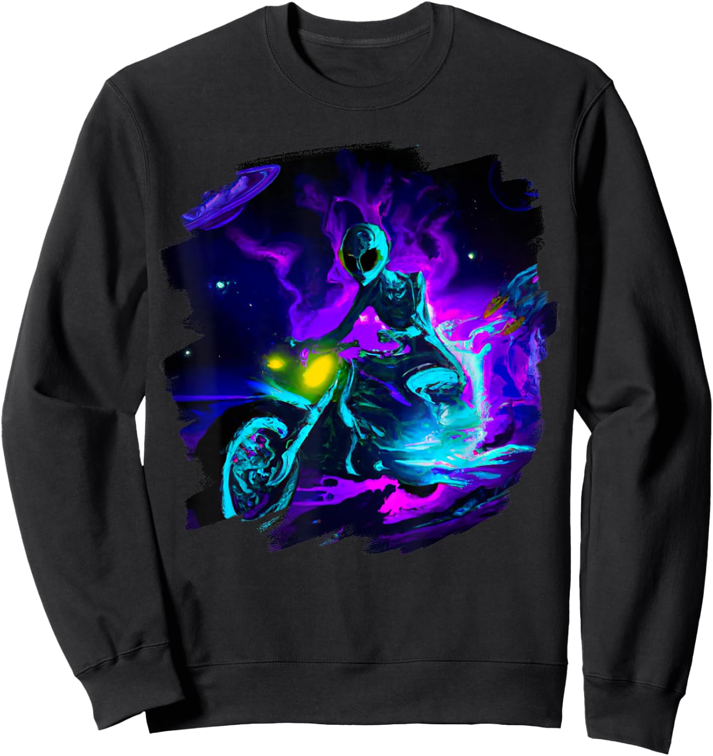 Alien Riding Motorcycle Dirt Bike in Space Aliens Biker Sweatshirt - Sweatshirt | Black