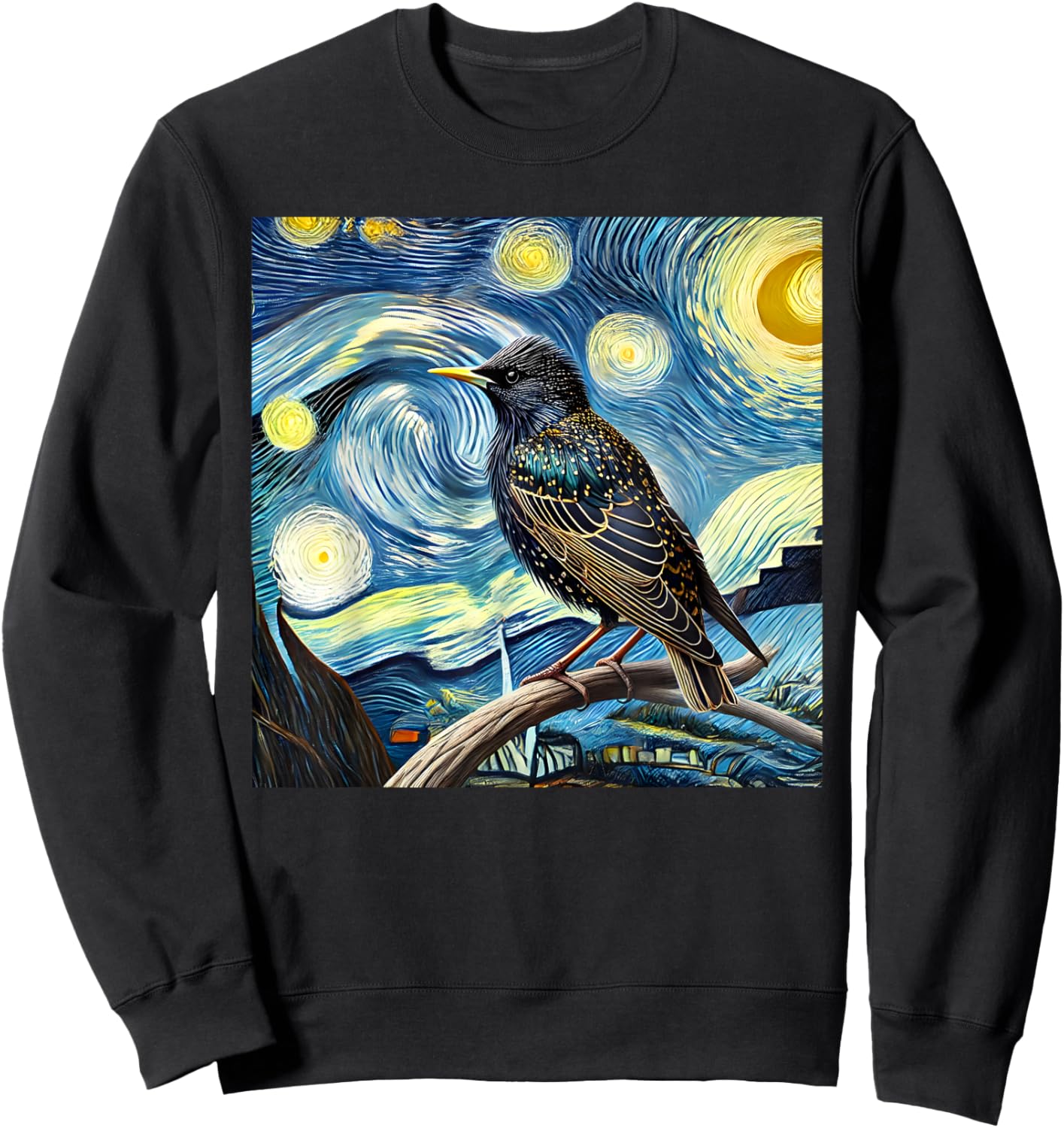Common Starling Lover Bird Watching Birding Starry Night Art Sweatshirt - Sweatshirt | Black