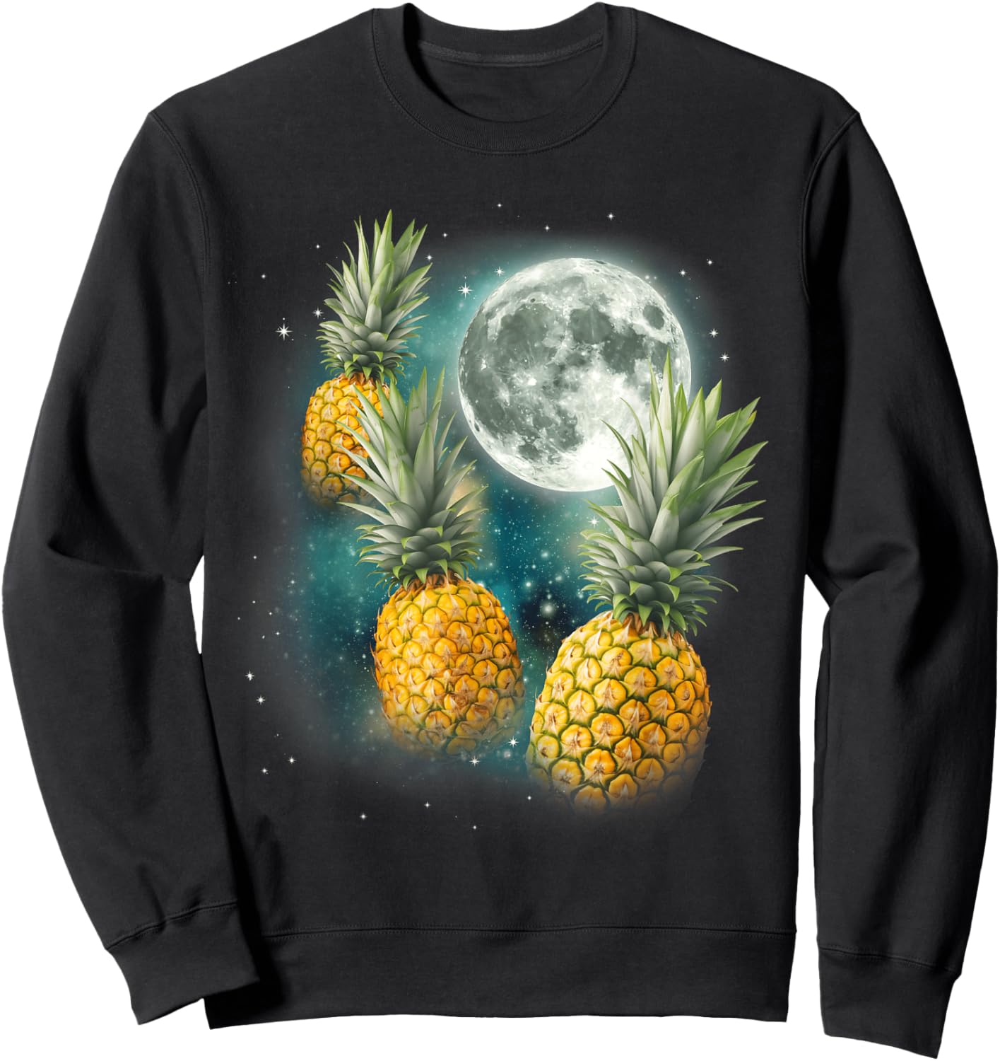Three Pineapple Moon | Funny Tropical Fruit Cursed Meme Sweatshirt - Sweatshirt | Black