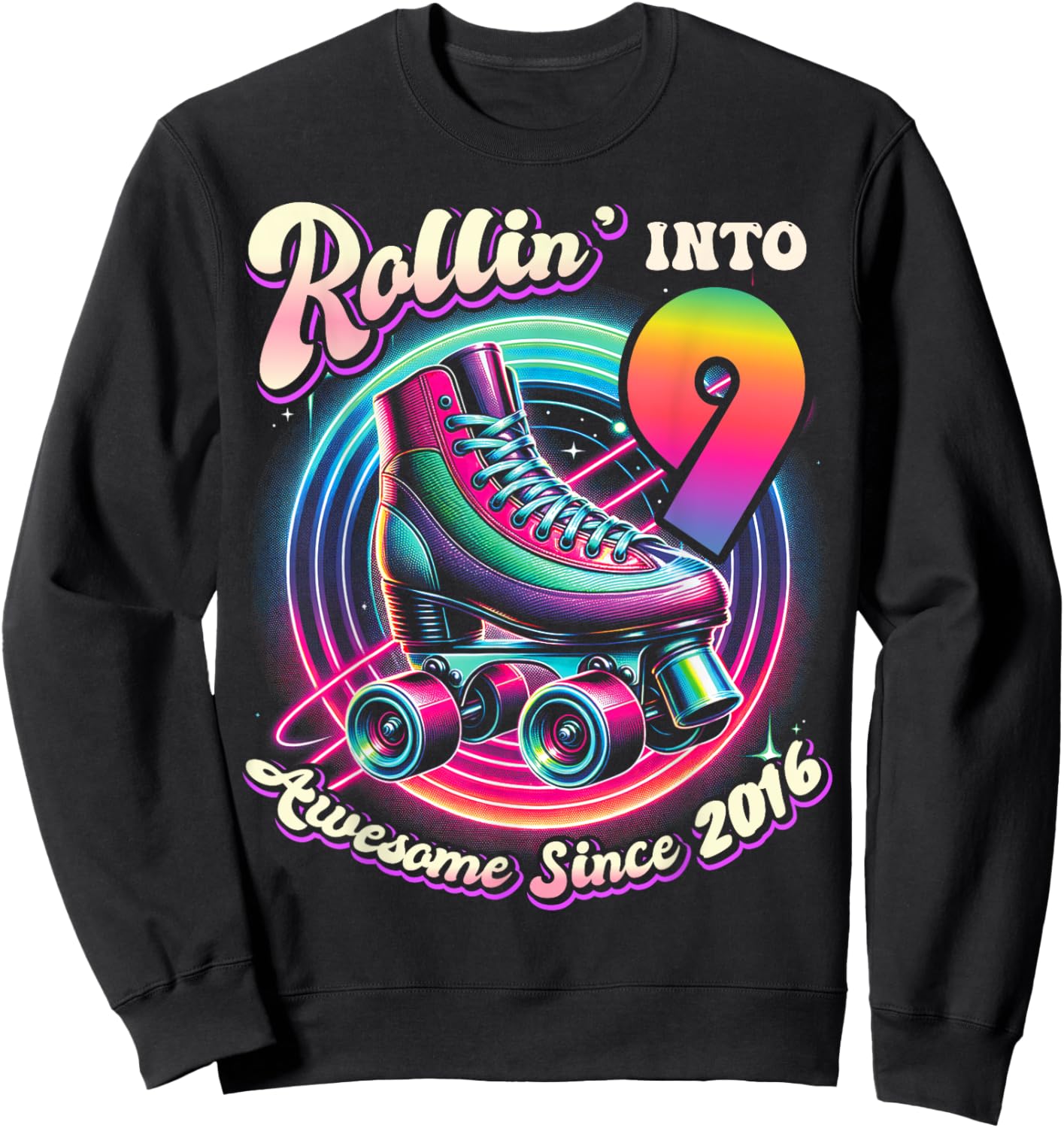 Birthday Roller Skating 9th Girls Rollin into 9 Skate Party Sweatshirt - Sweatshirt | Black