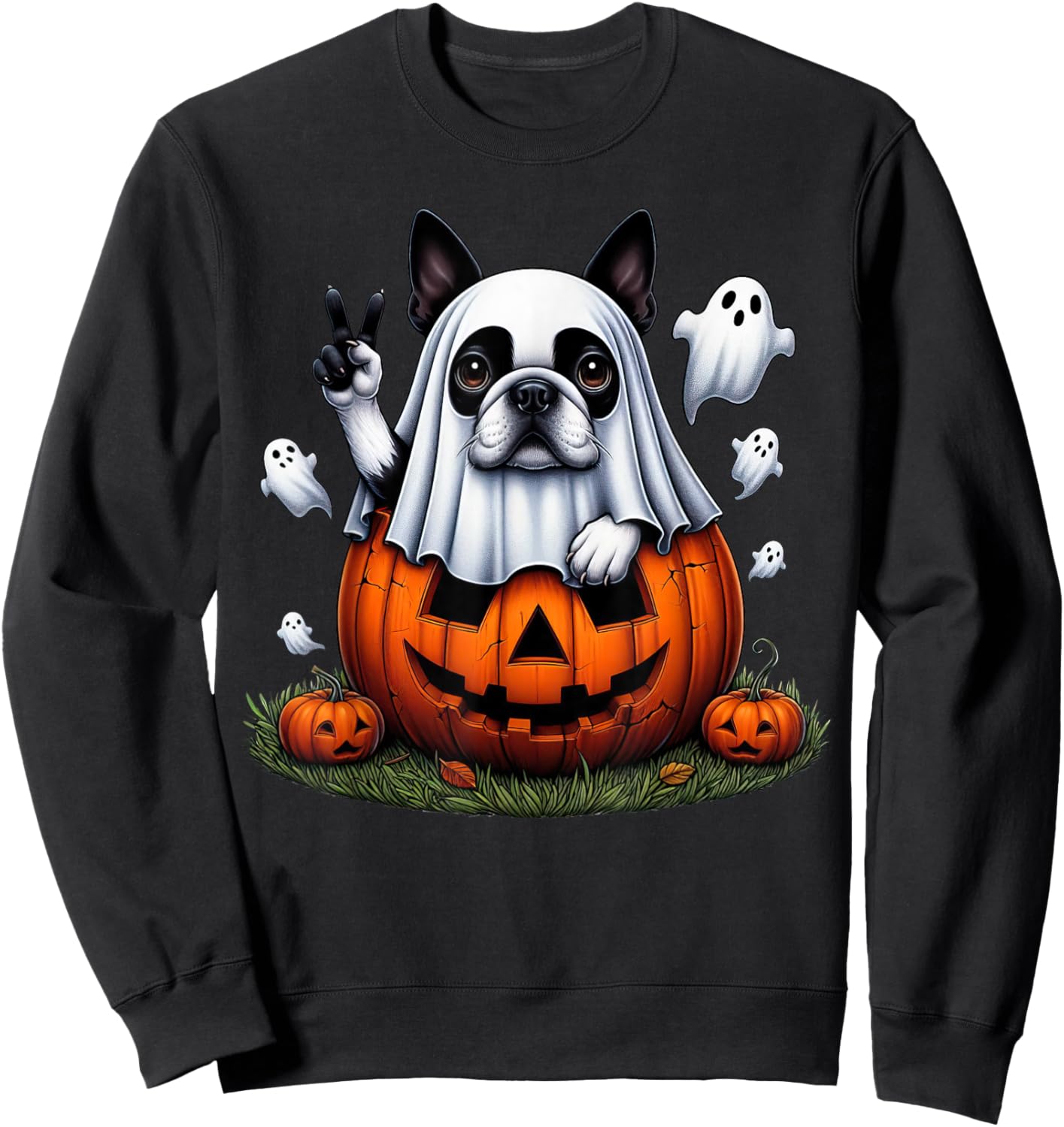 Funny Boston Terrier Ghost Boo Halloween Kids Sweatshirt - Sweatshirt | Black