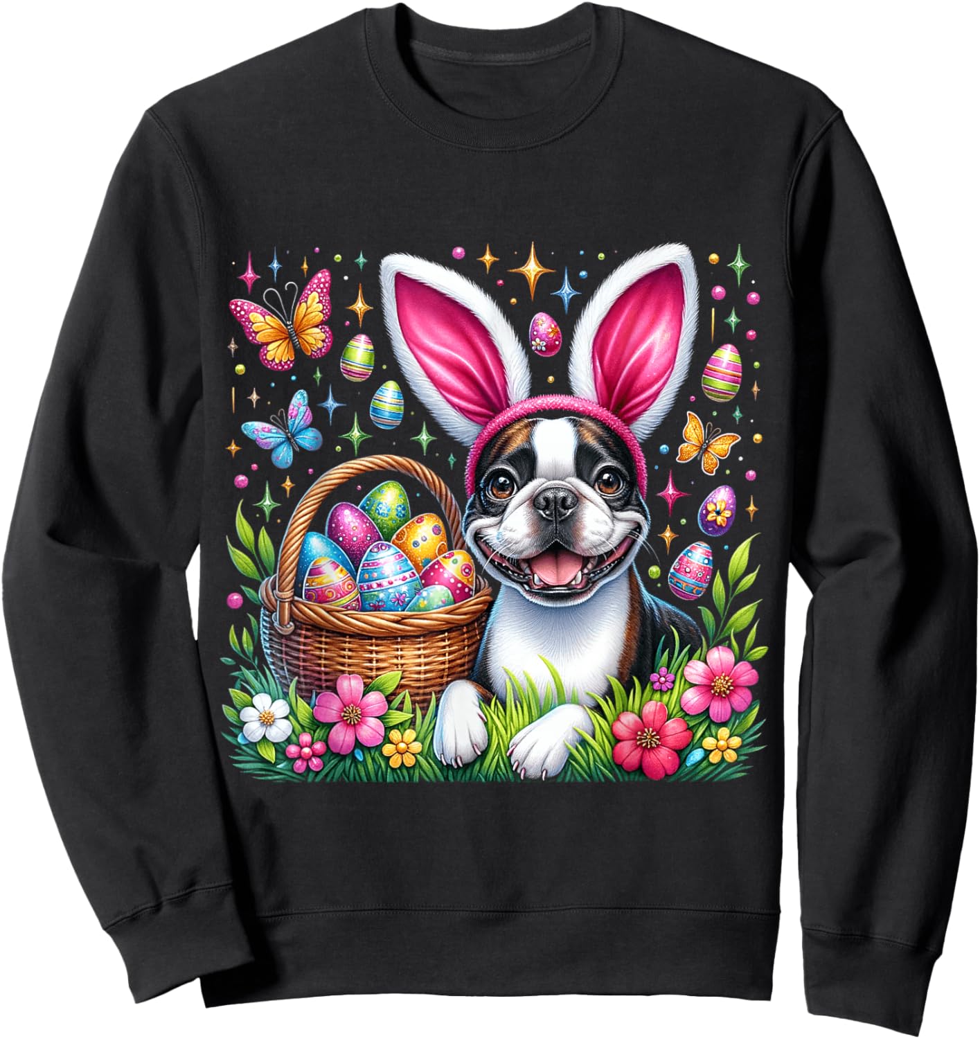 Cute Bunny Boston Terrier Dog Easter Eggs Basket Easter Day Sweatshirt - Sweatshirt | Black