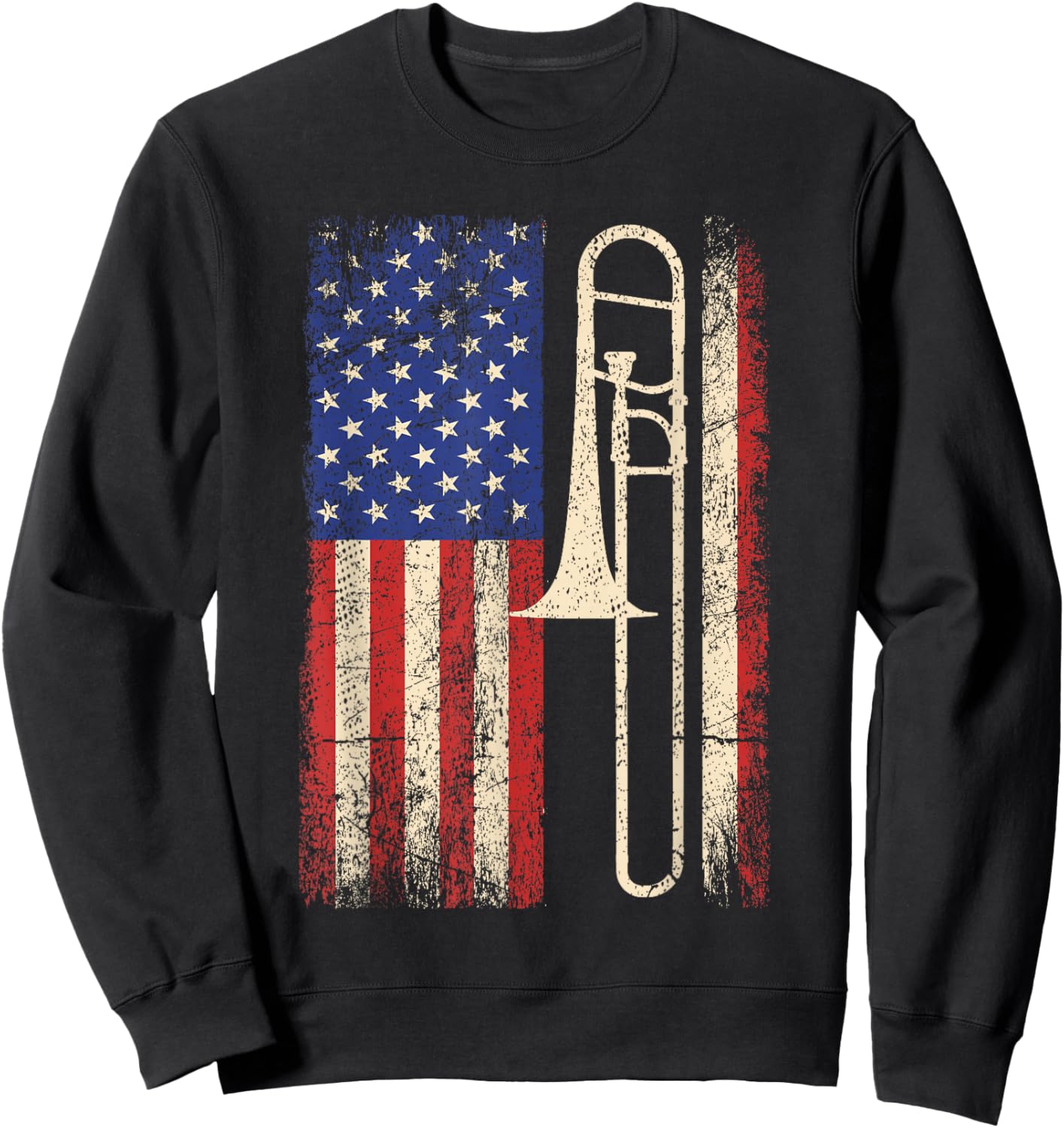 Trombone USA American Flag Shirt Jazz Music Vintage Men Sweatshirt - Sweatshirt | Black
