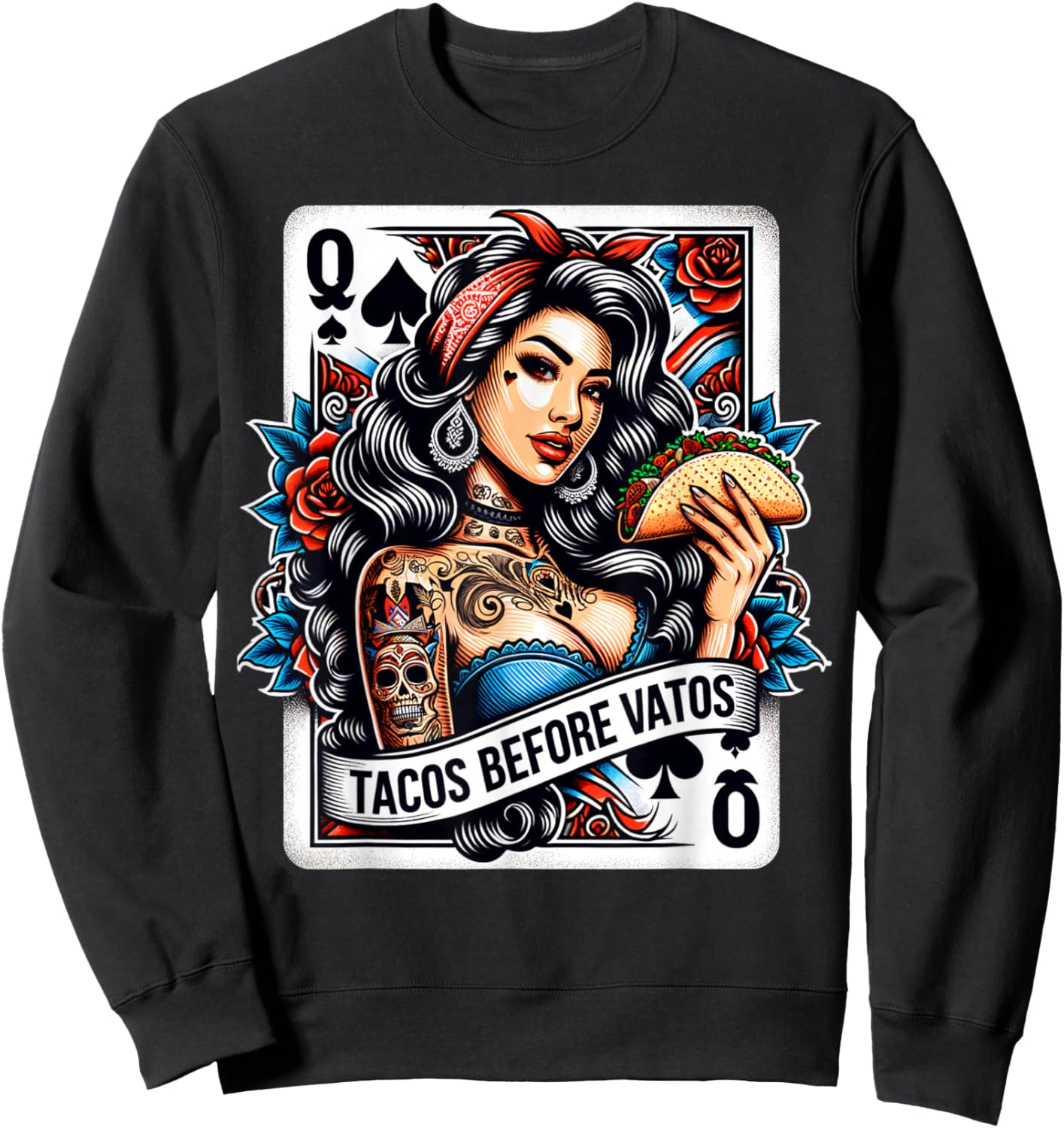 Tacos Before Vatos Mexican Latina Chicana Pin-Up Girl Tattoo Sweatshirt - Sweatshirt | Black