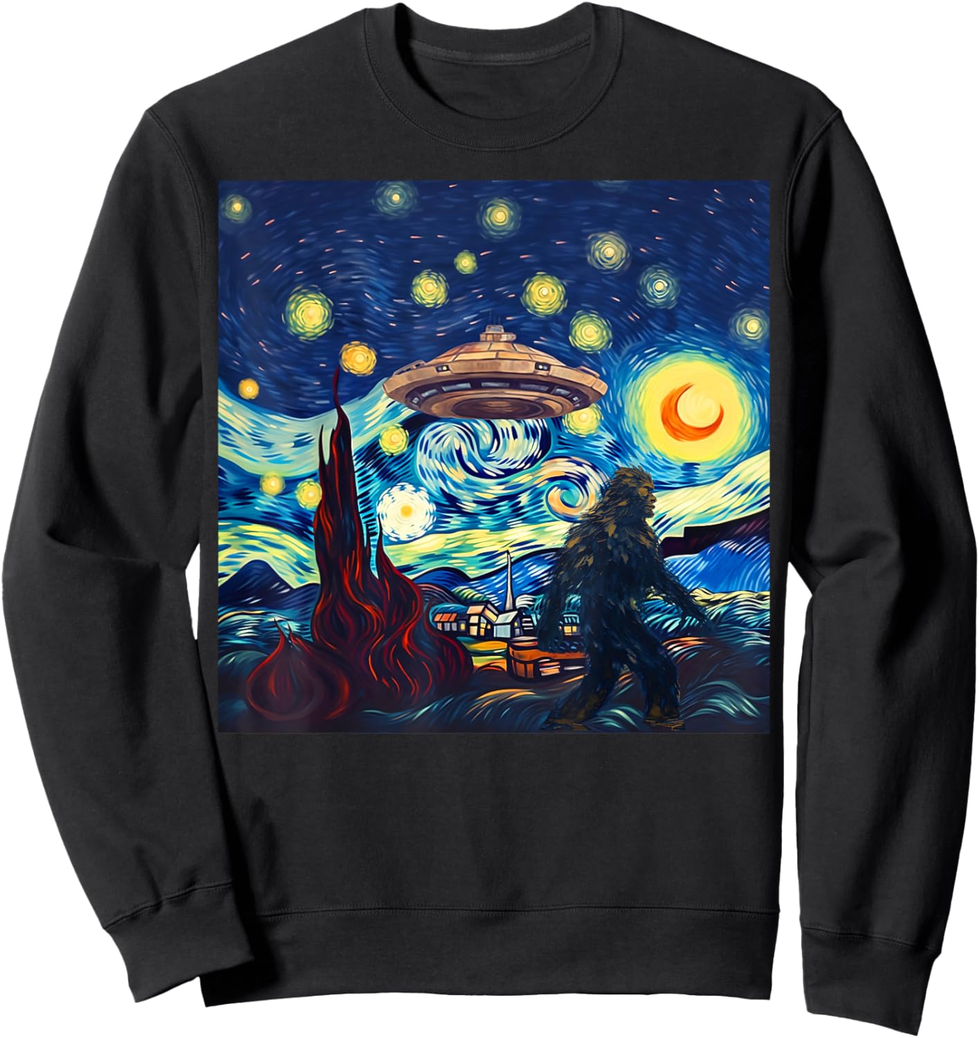 Funny UFO Bigfoot Starry Night Alien Art Hiking Yeti Camping Sweatshirt - Sweatshirt | Black