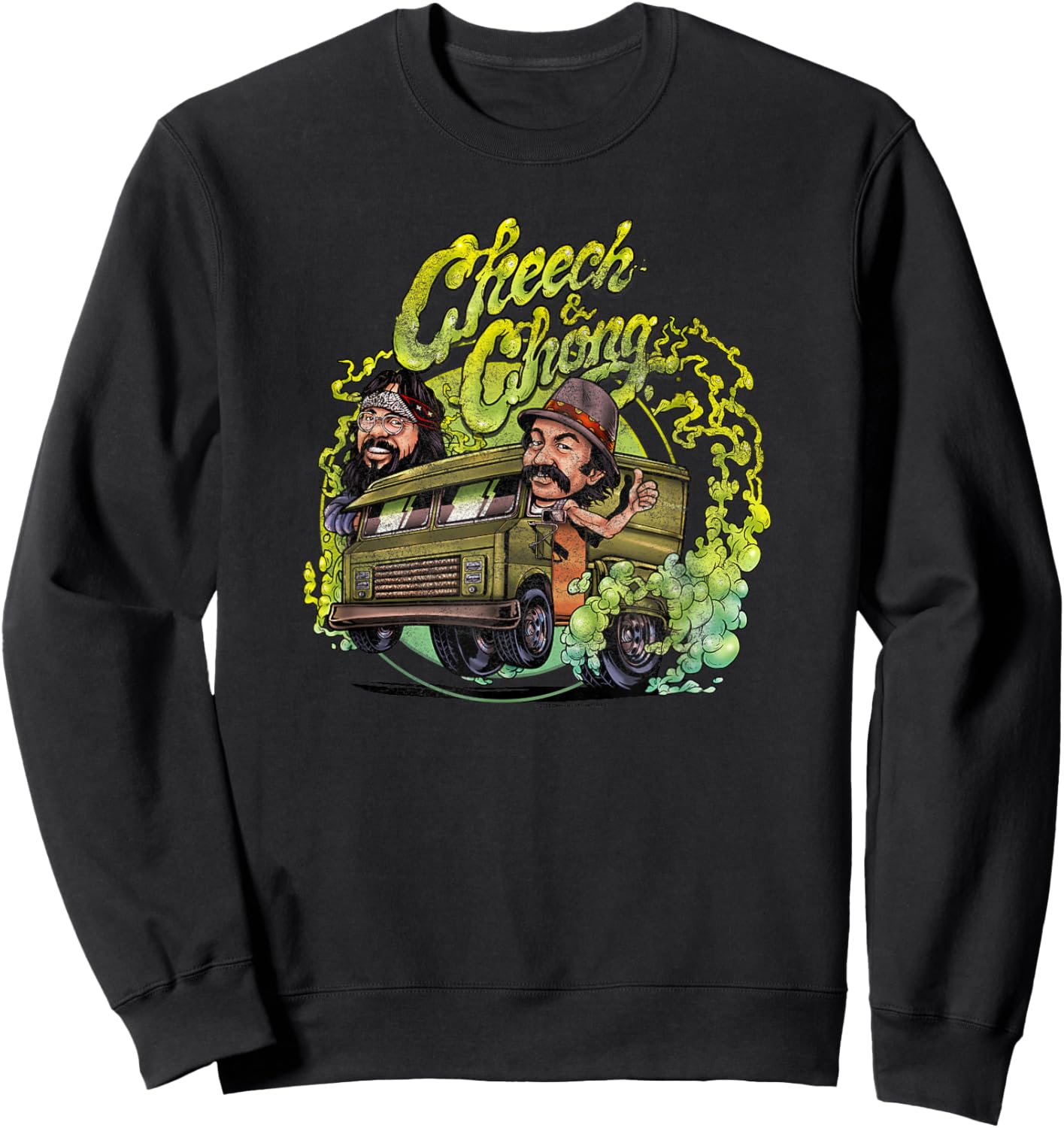 Cheech & Chong Retro Cartoon Riding Truck With Green Smoke Sweatshirt - Sweatshirt | Black