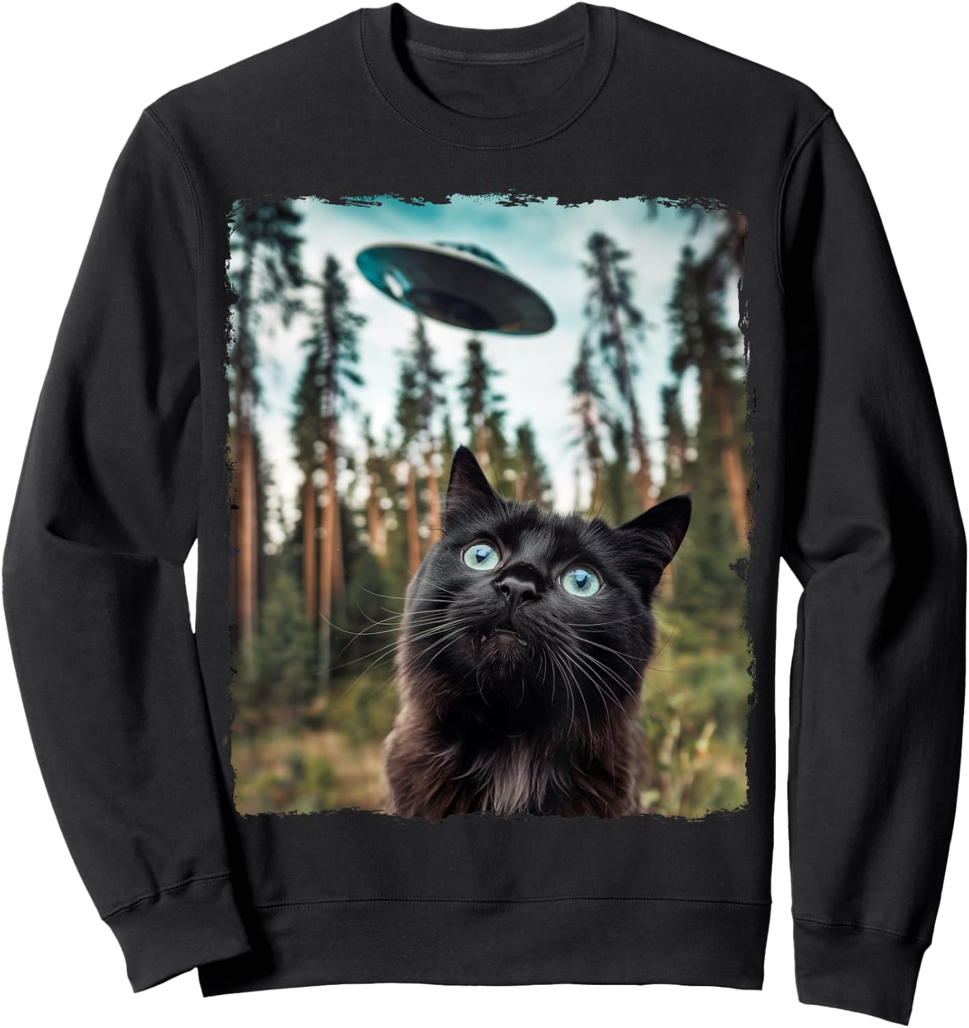 Black Cat Selfie With Alien UFO Cat Gifts Women Kid Sweatshirt - Sweatshirt | Black