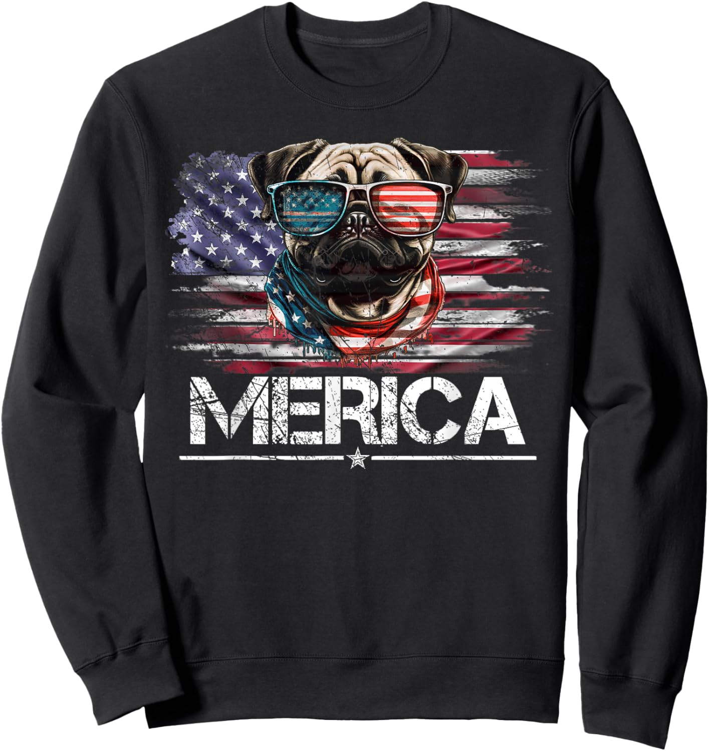 Vintage Pug Dog, Merica Pug Dog USA Flag Funny Women Kids Men Sweatshirt - Sweatshirt | Black