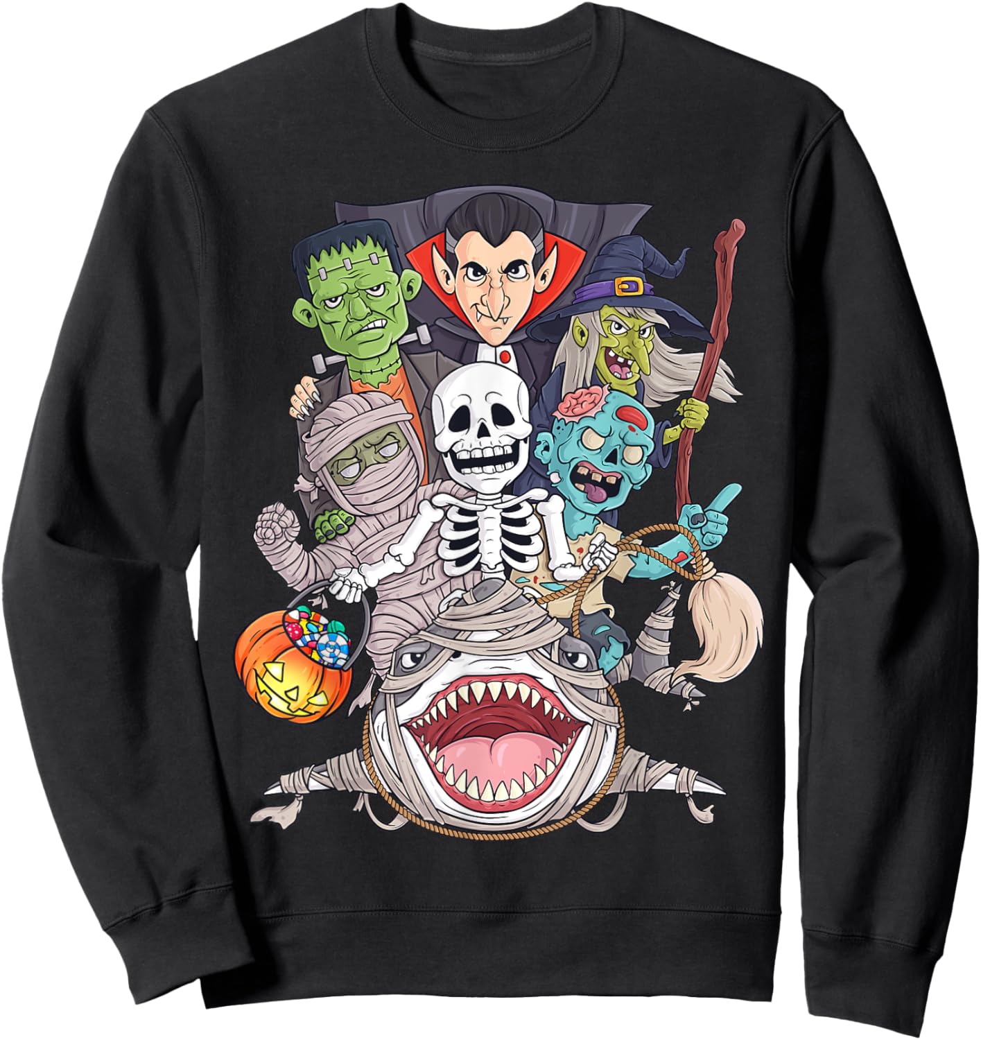 Skeleton Zombie Riding Mummy Shark Funny Halloween Pumpkin Sweatshirt - Sweatshirt | Black
