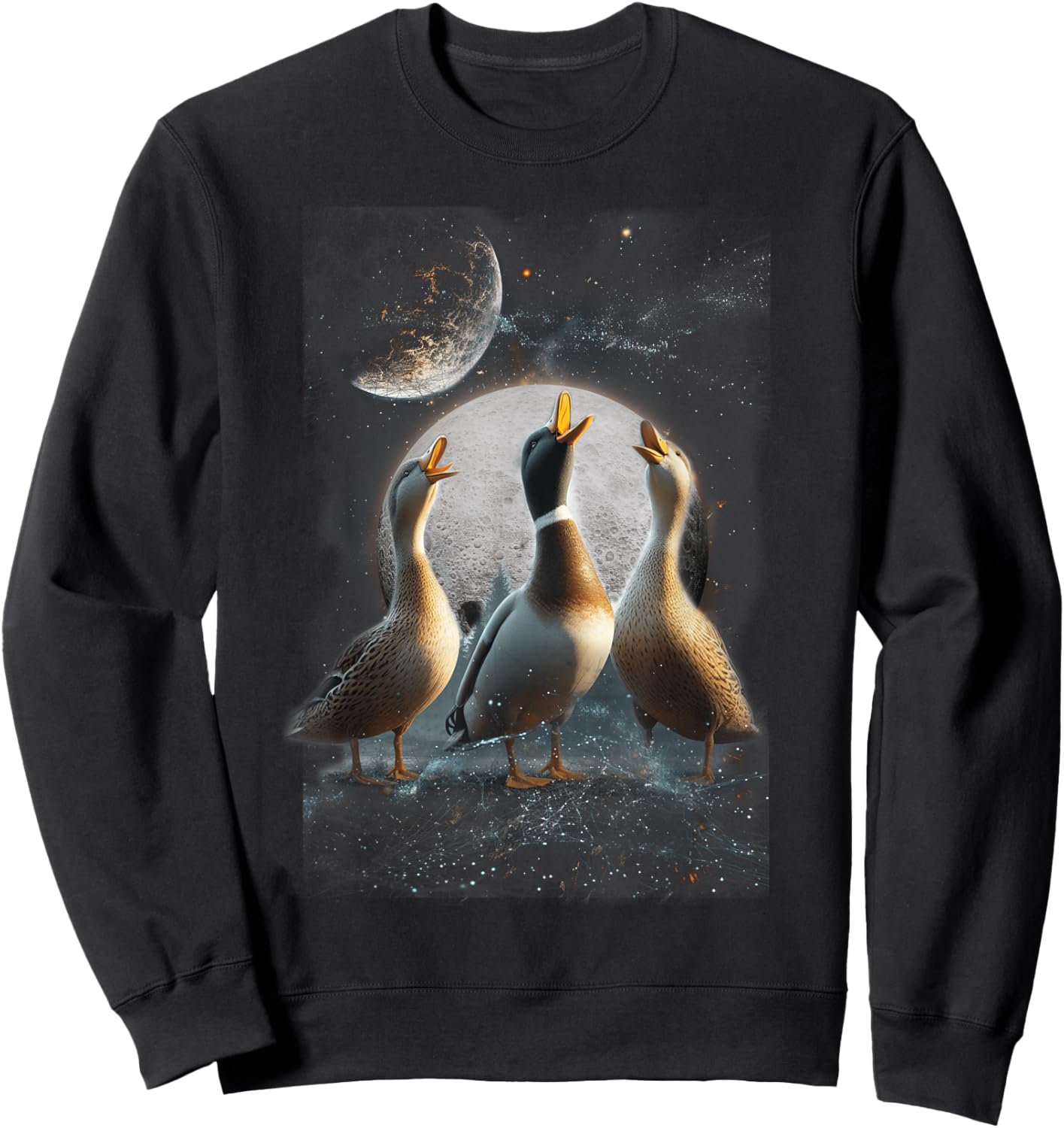 Three Ducks Howling At The Moon Funny Pet Parody Duck Sweatshirt - Sweatshirt | Black