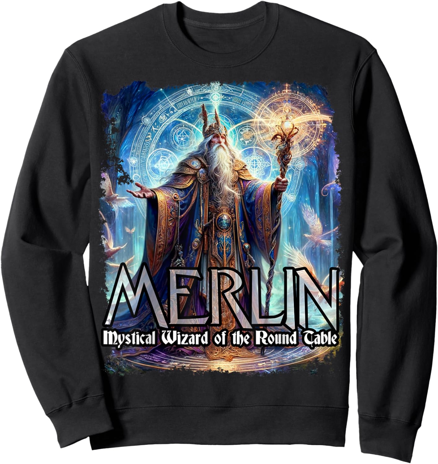Mythothreads Arthurian Mythology Merlin Mystical Wizard of the Round Table Magical Sorcerer , Small, Black Sweatshirt - Sweatshirt | Black