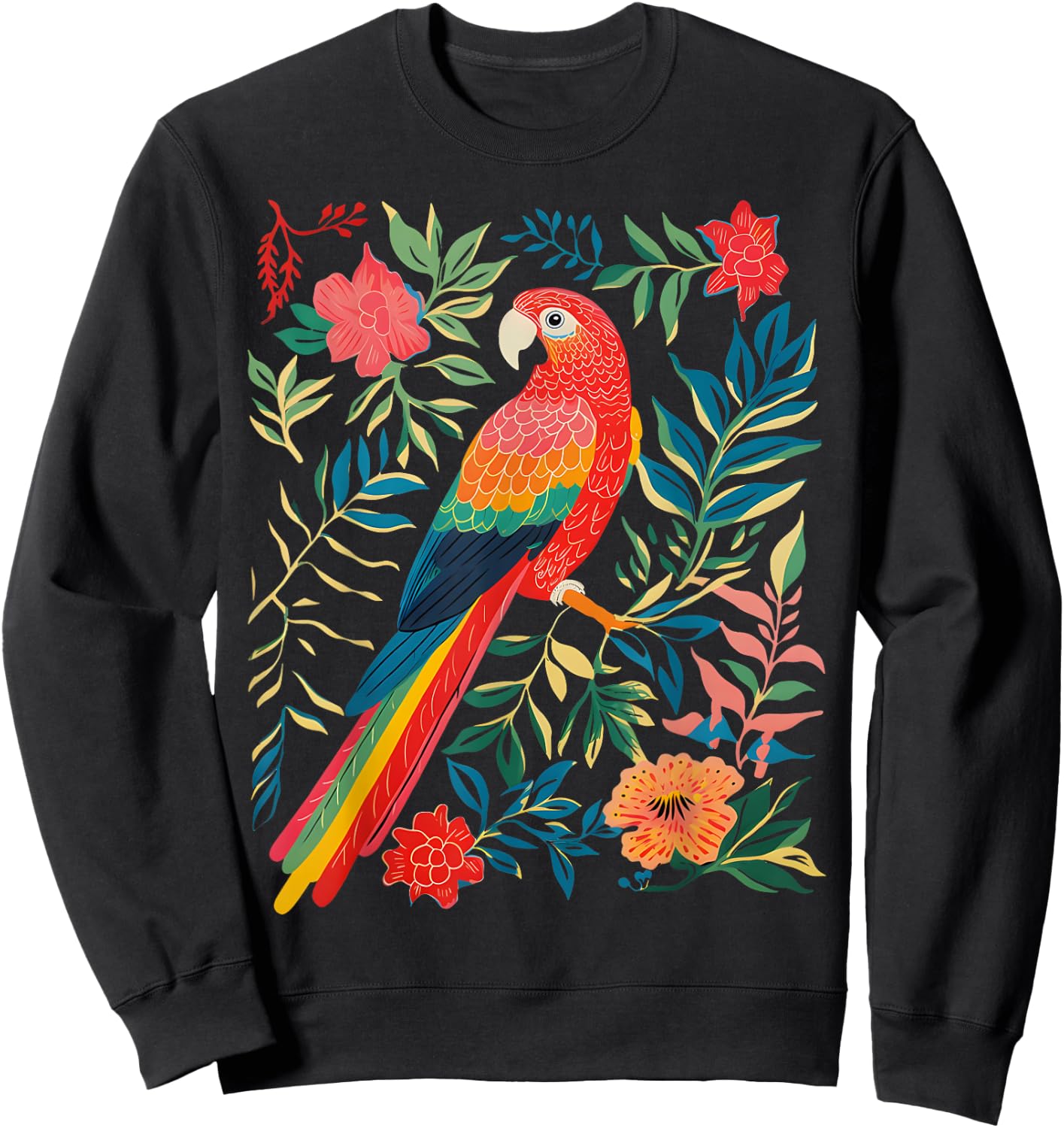 Boho Floral Parrot Scarlet Macaw Birdwatching Bird Lover Sweatshirt - Sweatshirt | Black