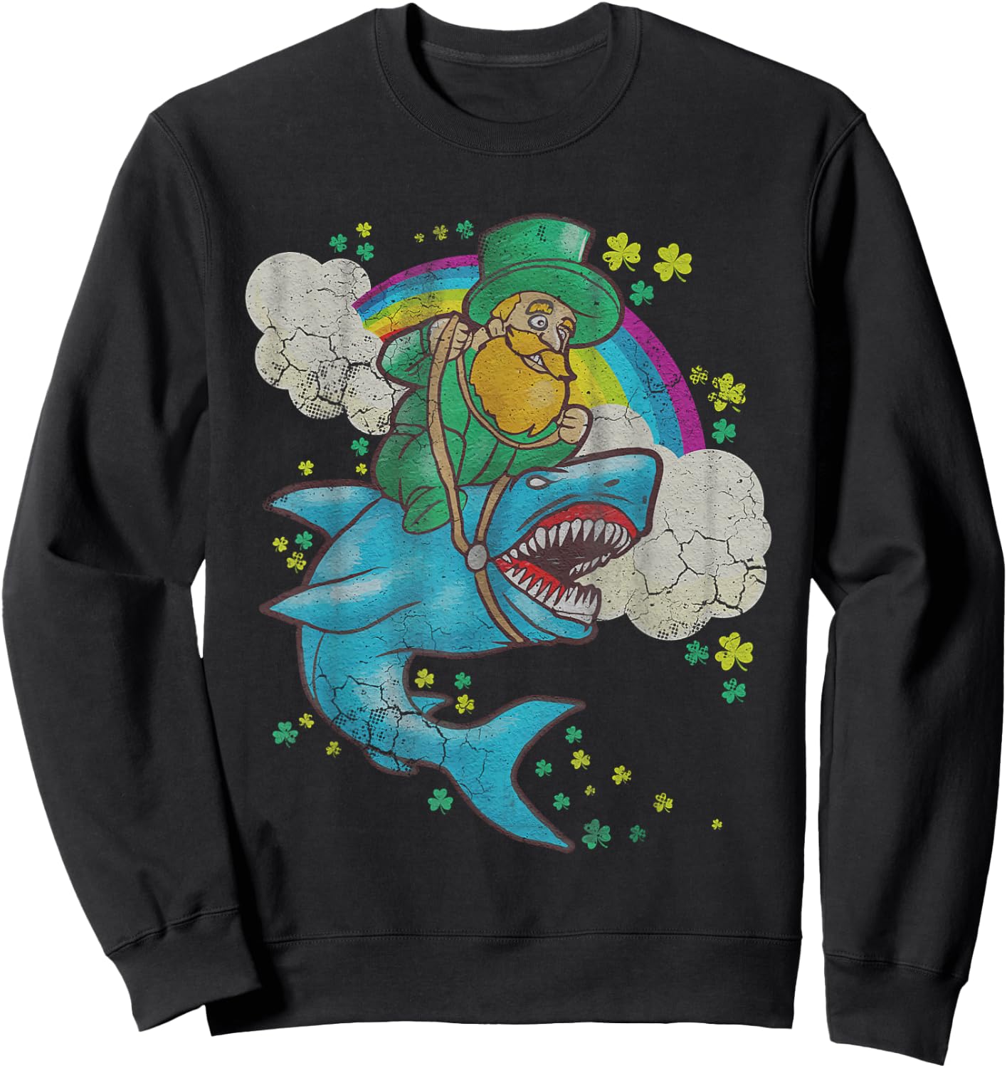 St Patricks Day Irish Leprechaun Riding Shark Kids Boys Girl Sweatshirt - Sweatshirt | Black