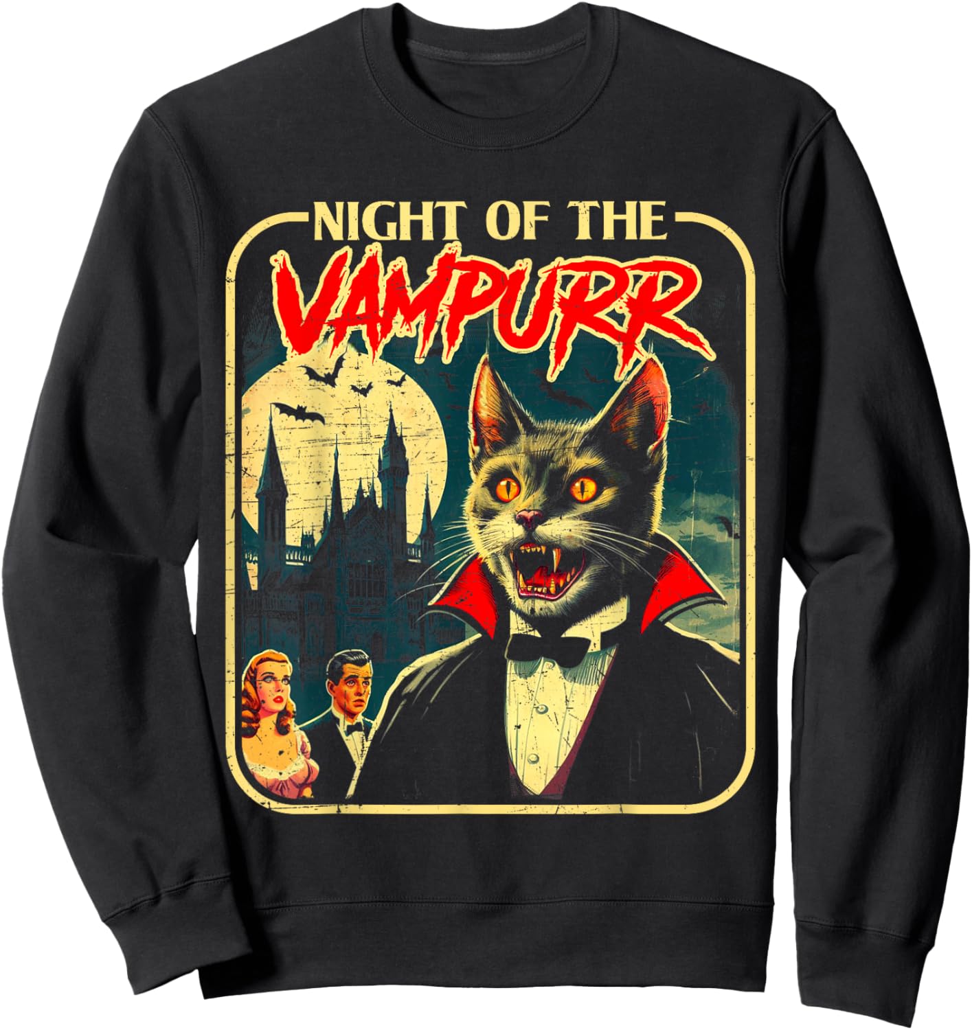 Night of The Vampurr Funny Cat Halloween Sweatshirt - Sweatshirt | Black