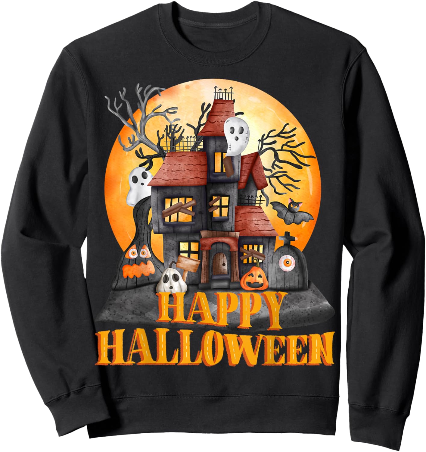 Fall season happy Halloween haunted houses spiders bats Sweatshirt - Sweatshirt | Black