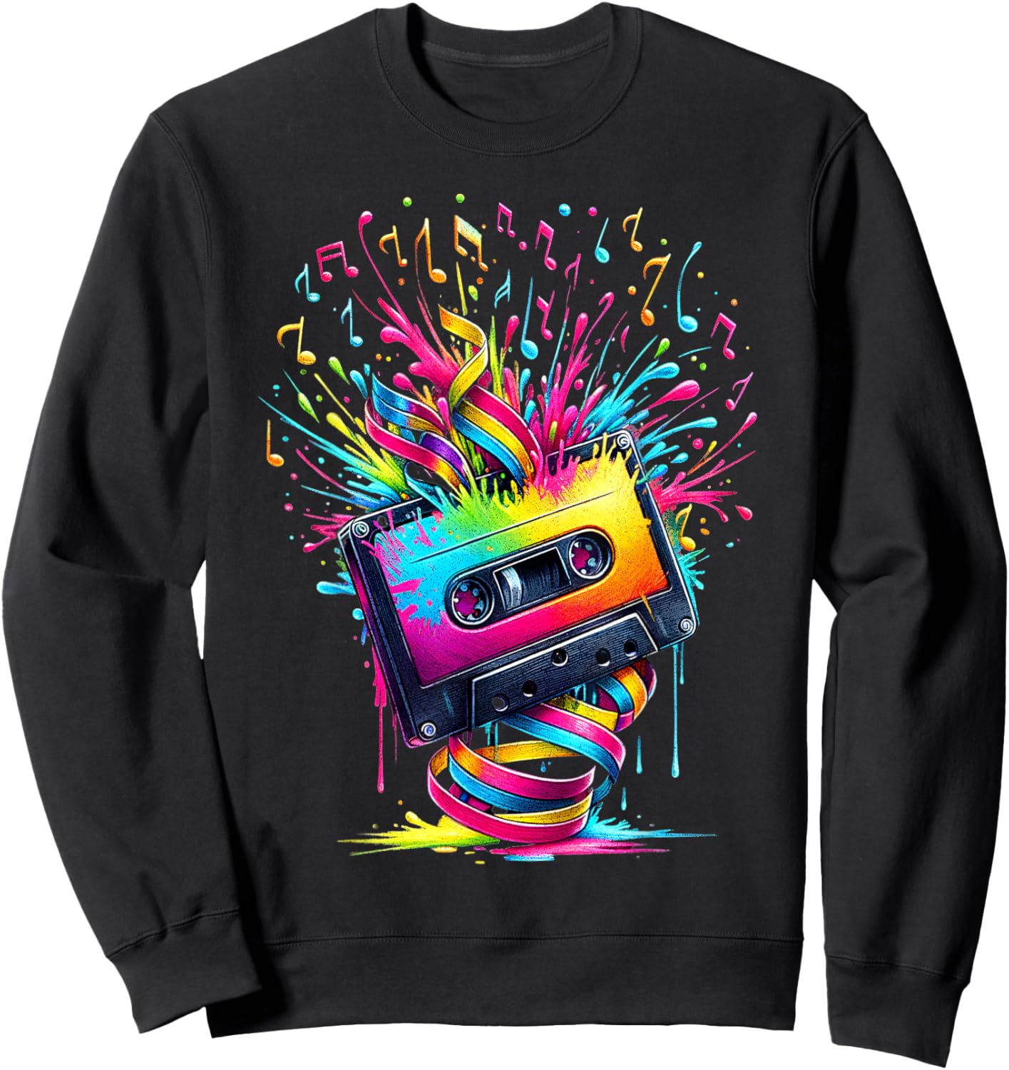 80s 90s Music Notes Cassette Tape Music Sweatshirt - Sweatshirt | Black