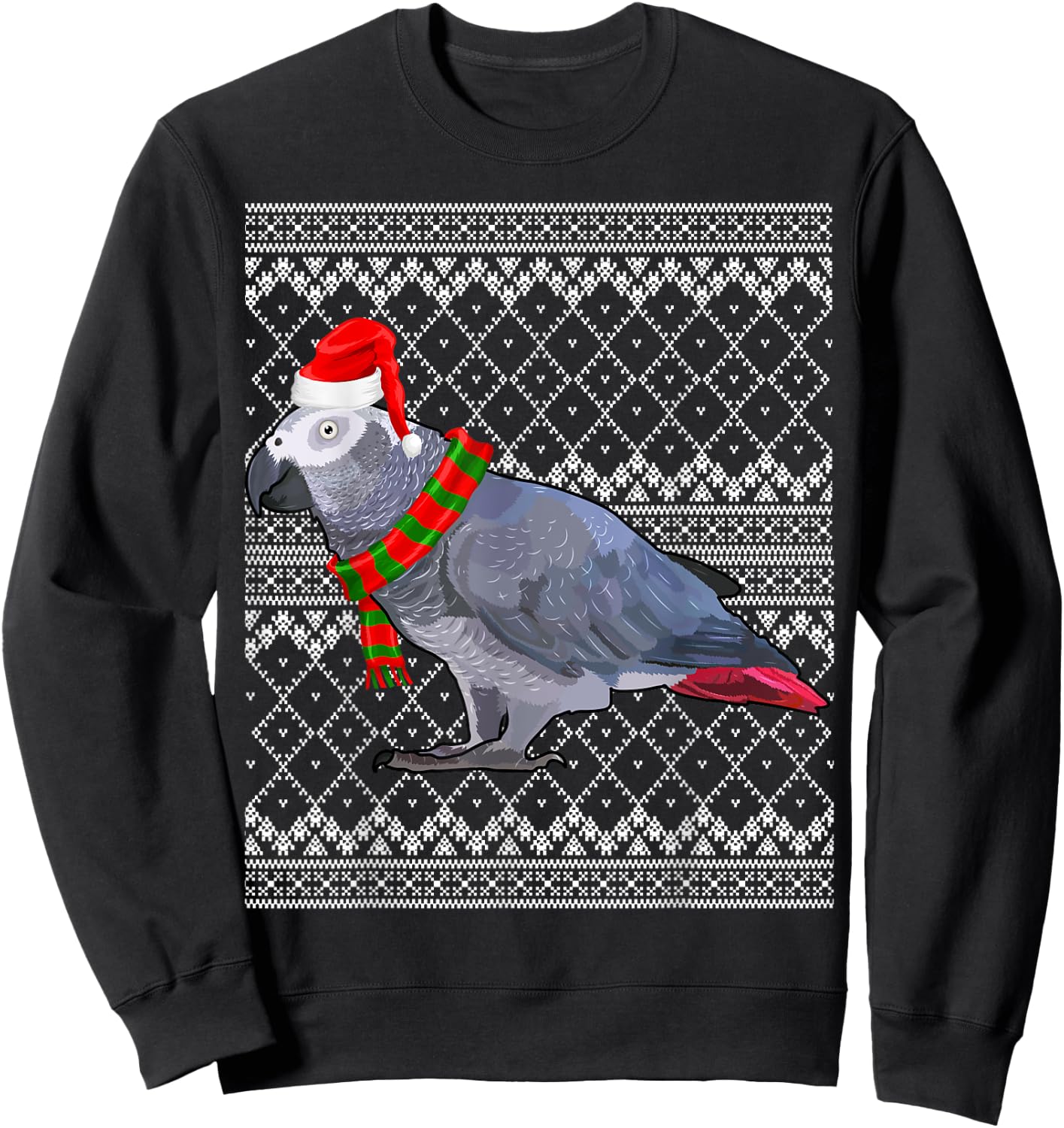 Xmas Bird Santa Hat African Grey Parrot Ugly Christmas Sweatshirt - Sweatshirt | Black